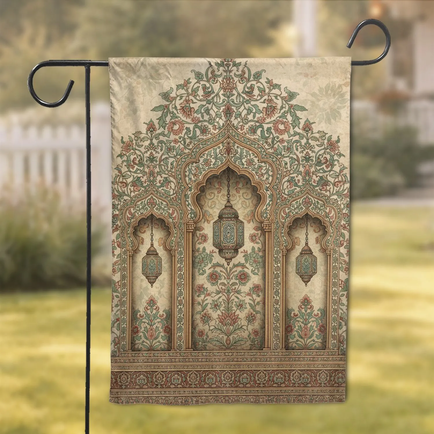 Historic Mughal Indian Palace Arches Lanterns Frieze Floral Vines Cream Stone - Home Decor Gift Garden Flag - 1