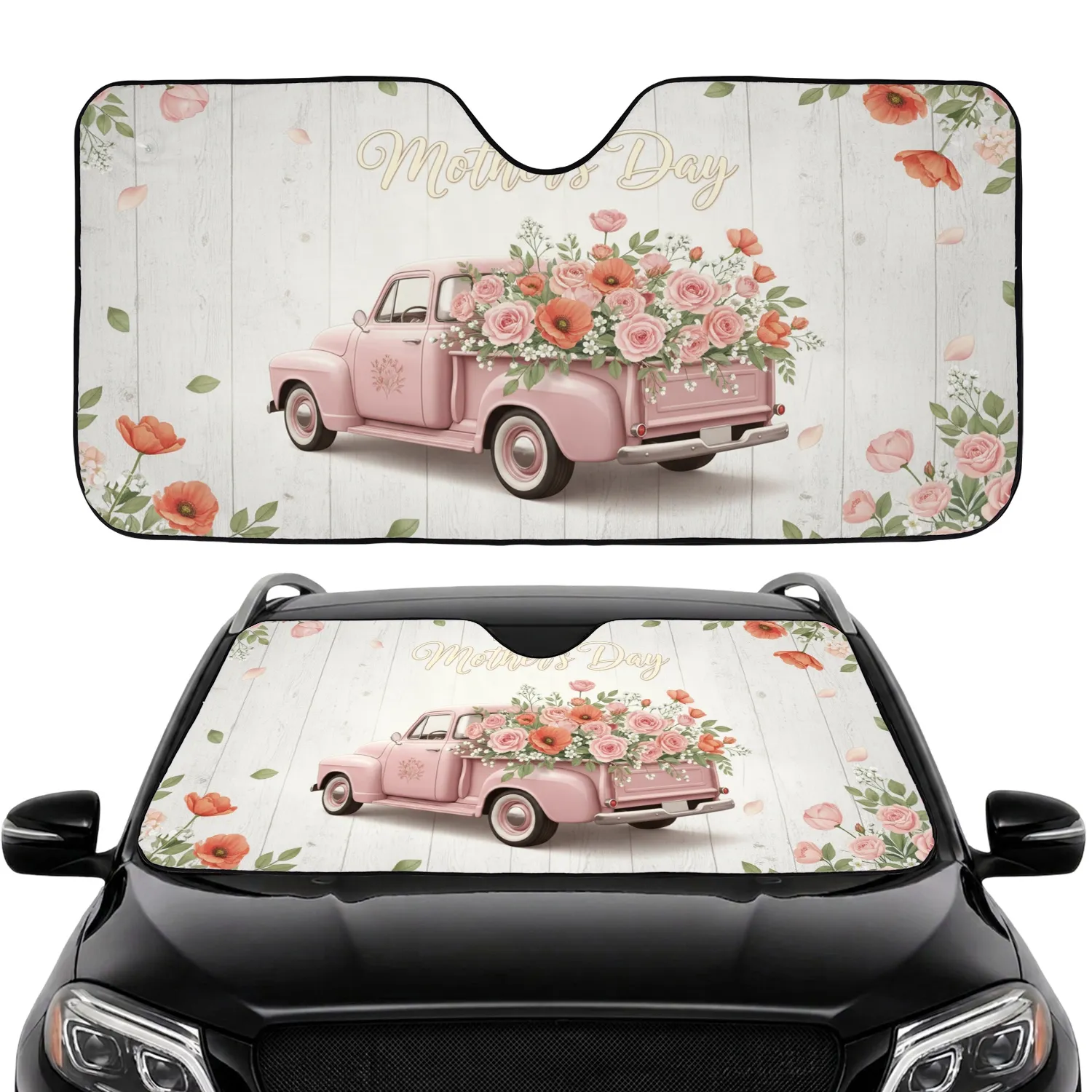 Vintage Pink Pickup Truck Rose Bouquet Happy Mother's Day Travel Essentials Car Sunshade - 1