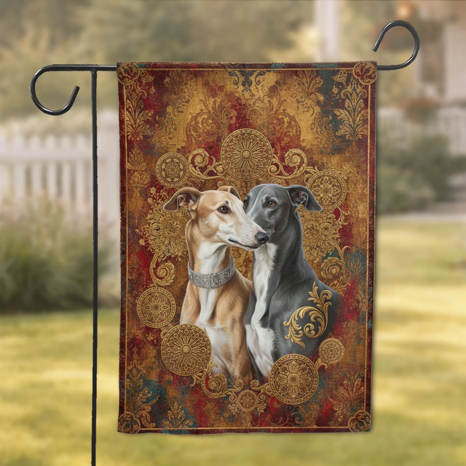 Greyhounds Embrace Silver Gold Collars Tapestry - Home Decor Gift for Dog Lovers Garden Flag - 1
