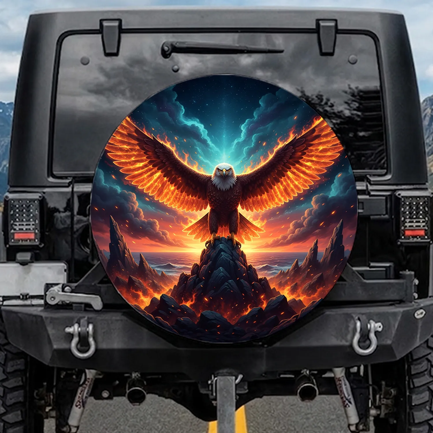 Fierce Eagle Blazing Fire Wings Mountain Jagged Rock Twilight Sky - Adventure Seeker Gift Spare Tire Cover - 1