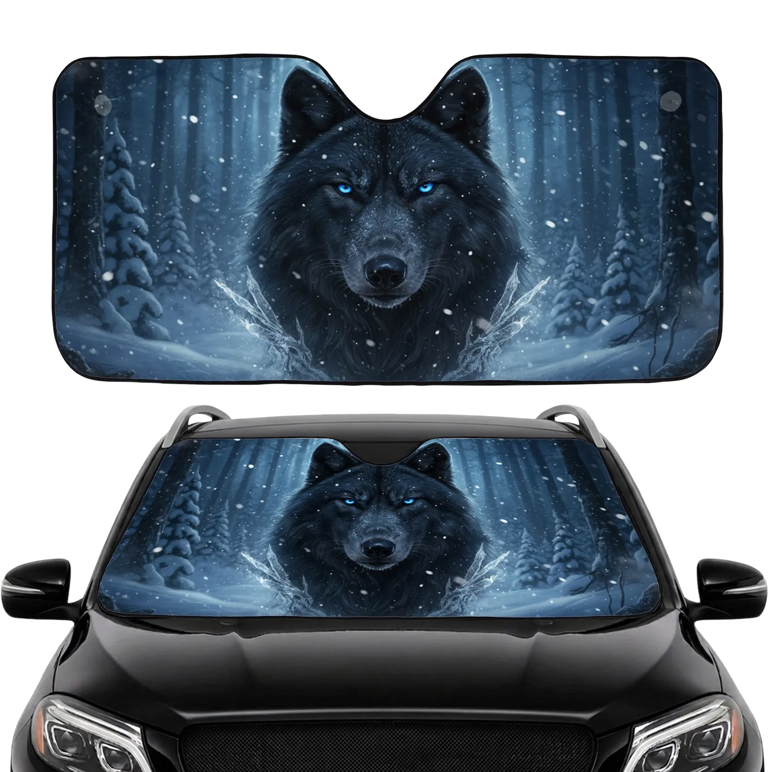 Black Wolf Electric Blue Eyes Winter Forest - Car Interior Upgrade Wolf Lover Gift Car Sunshade - 1
