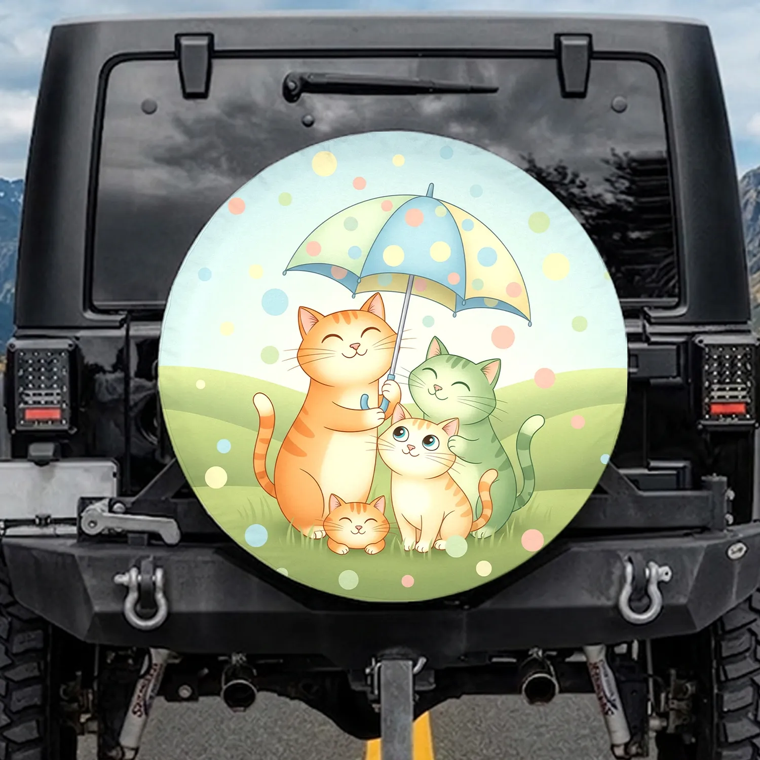 Three Cats Polka Dot Umbrella Grassy Meadow Sky - Outdoor Adventure Decor Gift for Cat Owners Spare Tire Cover - 1