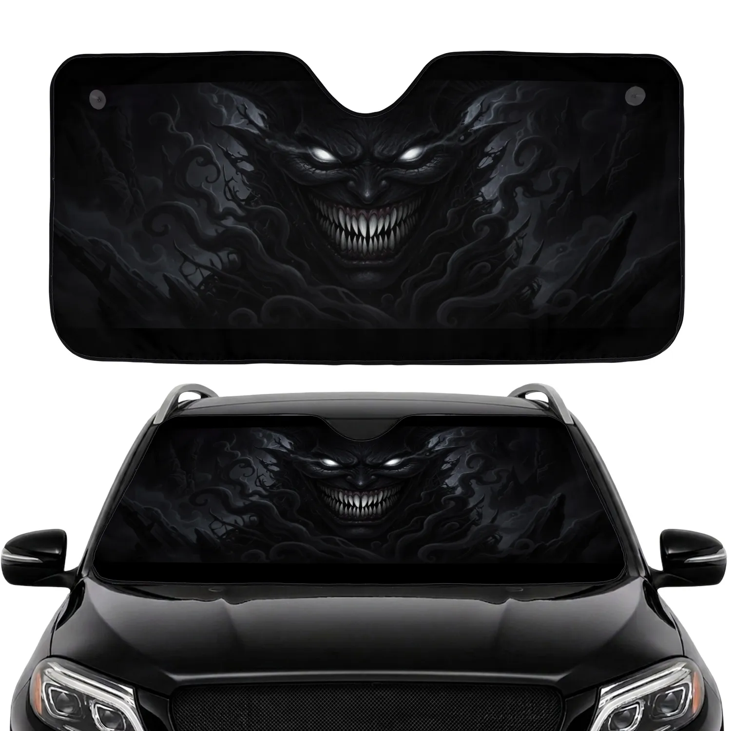 Demonic Grin Razor Teeth Glowing Eyes Obsidian Smoke Car Interior Upgrade Car Sunshade - 1