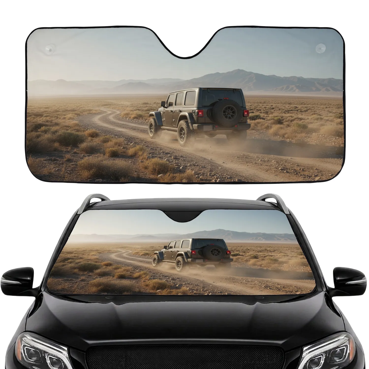 Jeep Style SUV Rugged Dirt Track Arid Hills Mountains Golden Hour Dust - Road Trip Gift Car Sunshade - 1
