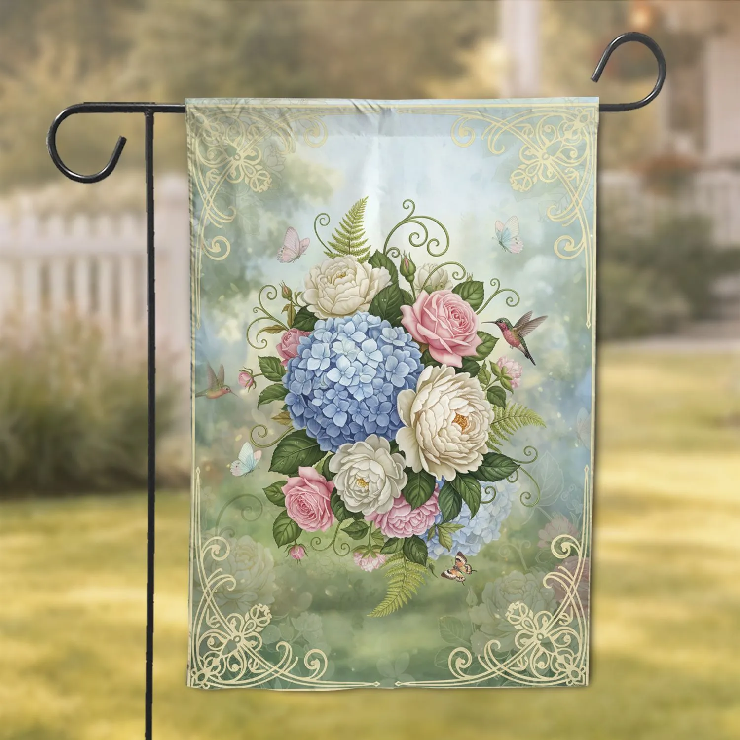 Blooming Garden Flowers Butterflies Hummingbird - Floral Home Decor Gift Garden Flag - 1