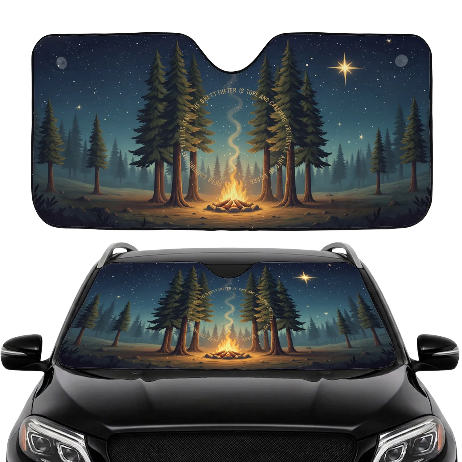 Glowing Campfire Evergreen Pine Trees Cosmic Starry Night Camping Life Quote Travel Essentials Car Sunshade - 1