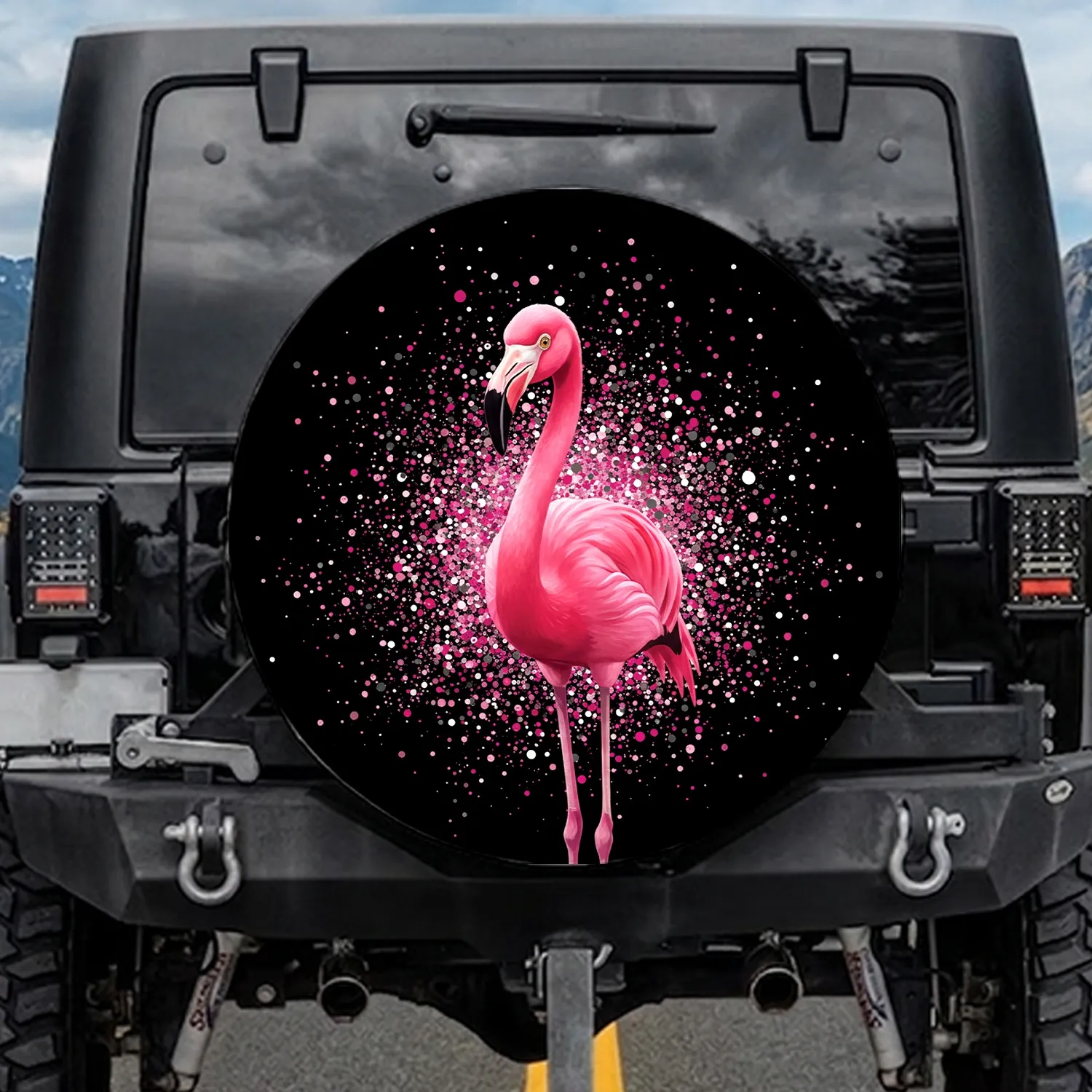 Pink Flamingo Confetti Black Background - Travel Celebration Gift for Wildlife Lovers Spare Tire Cover - 1
