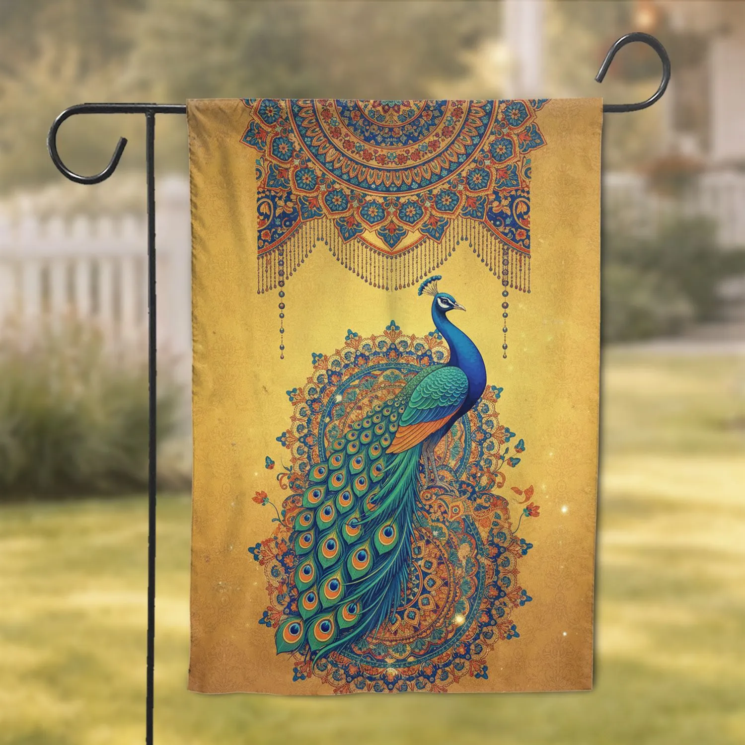 Iridescent Golden Peacock Mandala Floral Bejeweled Archway - Wildlife Lover Home Decor Gift Garden Flag - 1
