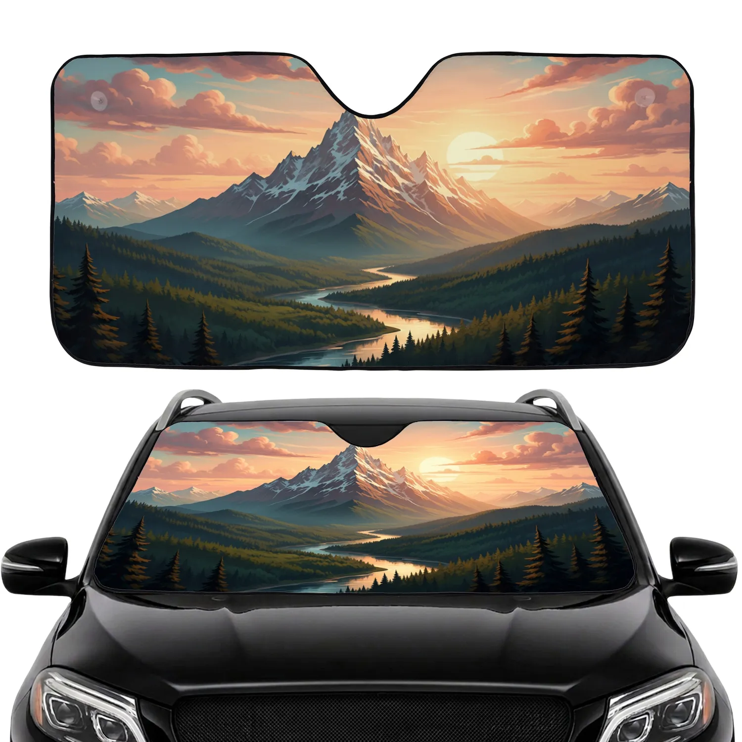 Mountain Range Pine Forest River Valley Sunset - Car Interior Upgrade Car Sunshade - 1