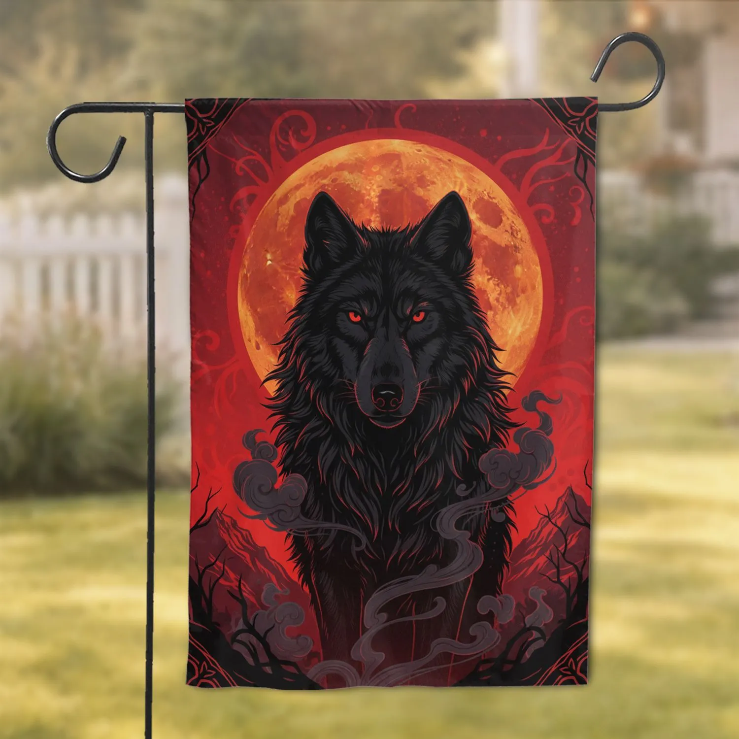 Black Wolf Red Eyes Forest Landscape Full Moon - Wildlife Lover Gift Garden Flag - 1
