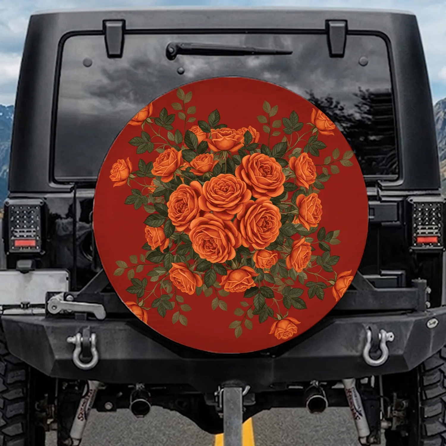 Abundant Orange Garden Roses Dark Green Leaves - Rich Red Floral Decor Gift Spare Tire Cover - 1