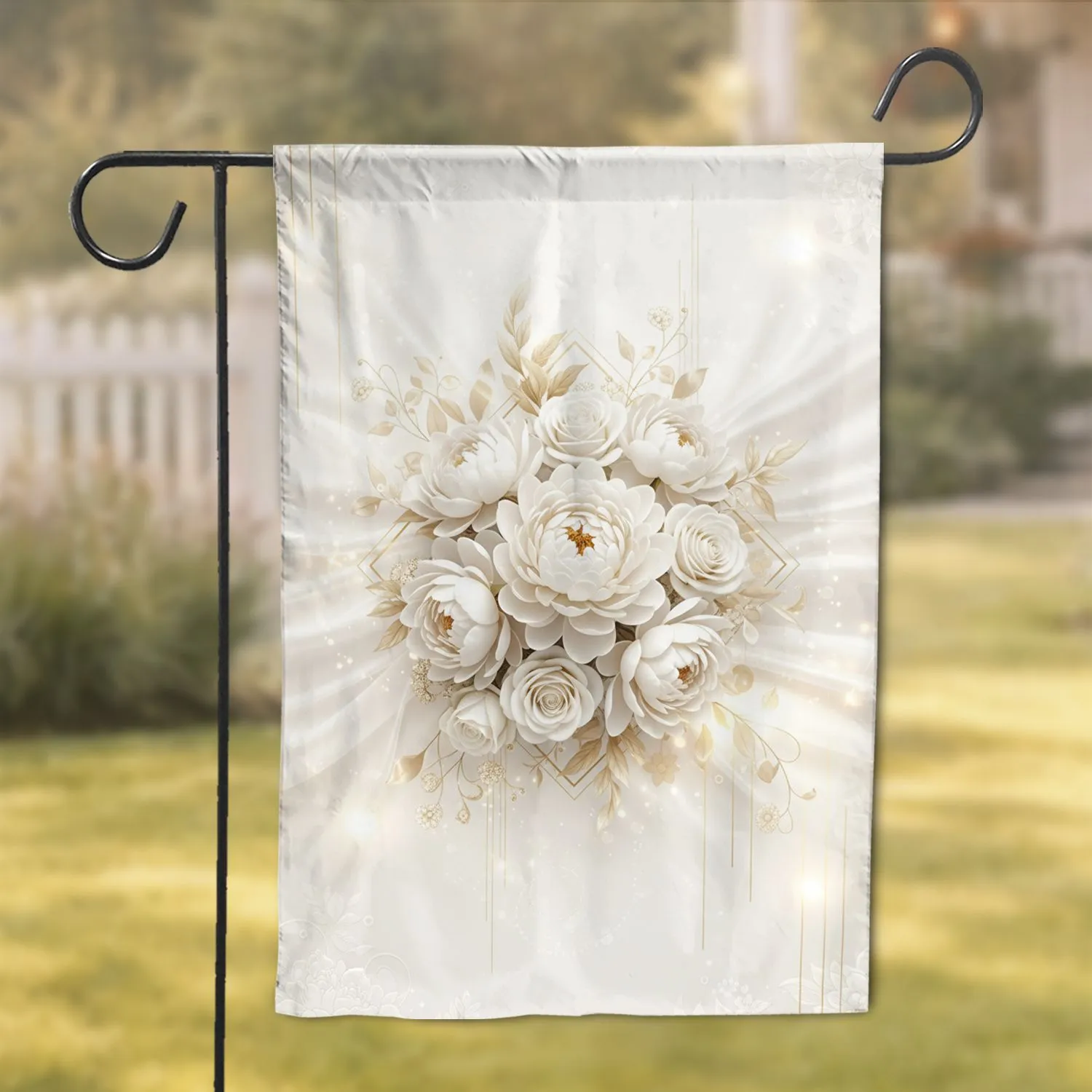 Pristine White Peony Rose Gold Leaf Geometric Floral Home Decor Gift Garden Flag - 1