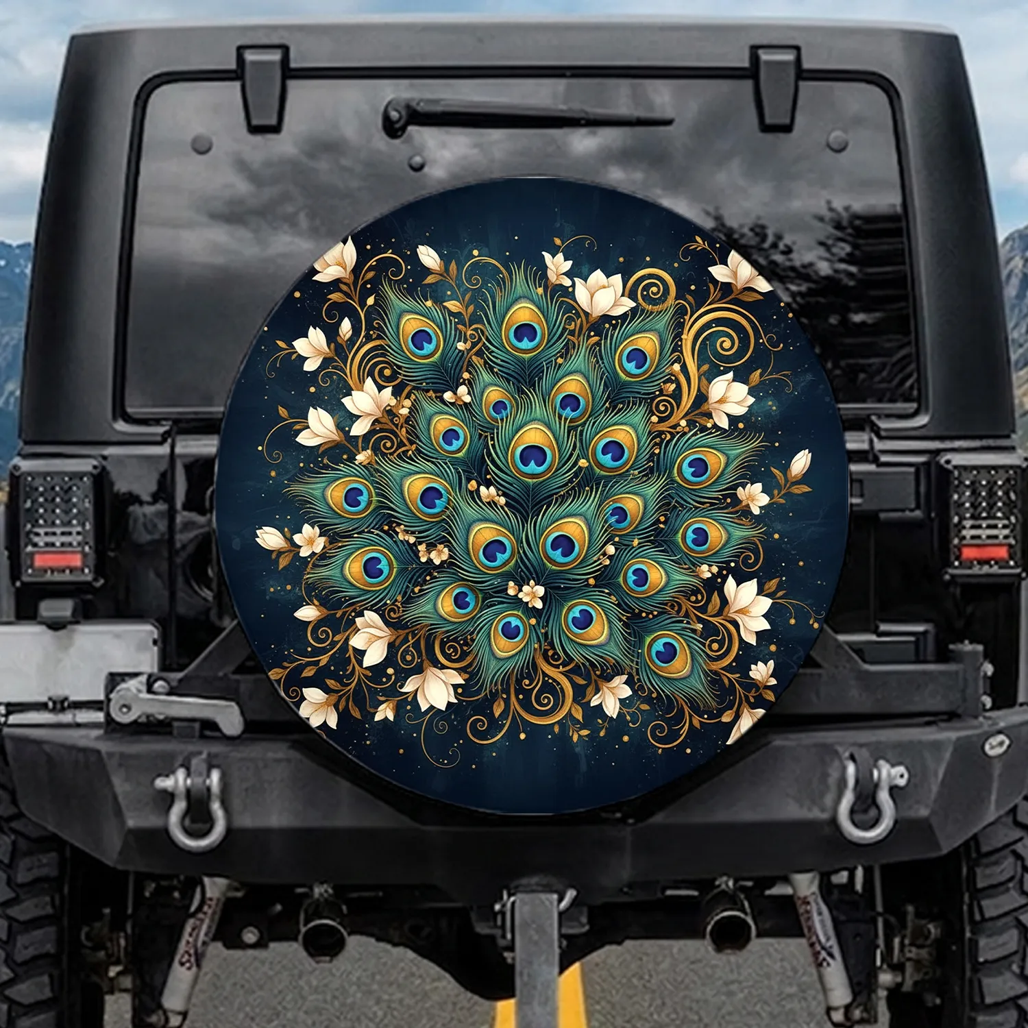 Peacock Eye Feathers Golden Vines Magnolia Blossoms - Wildlife Lover Gift Spare Tire Cover - 1