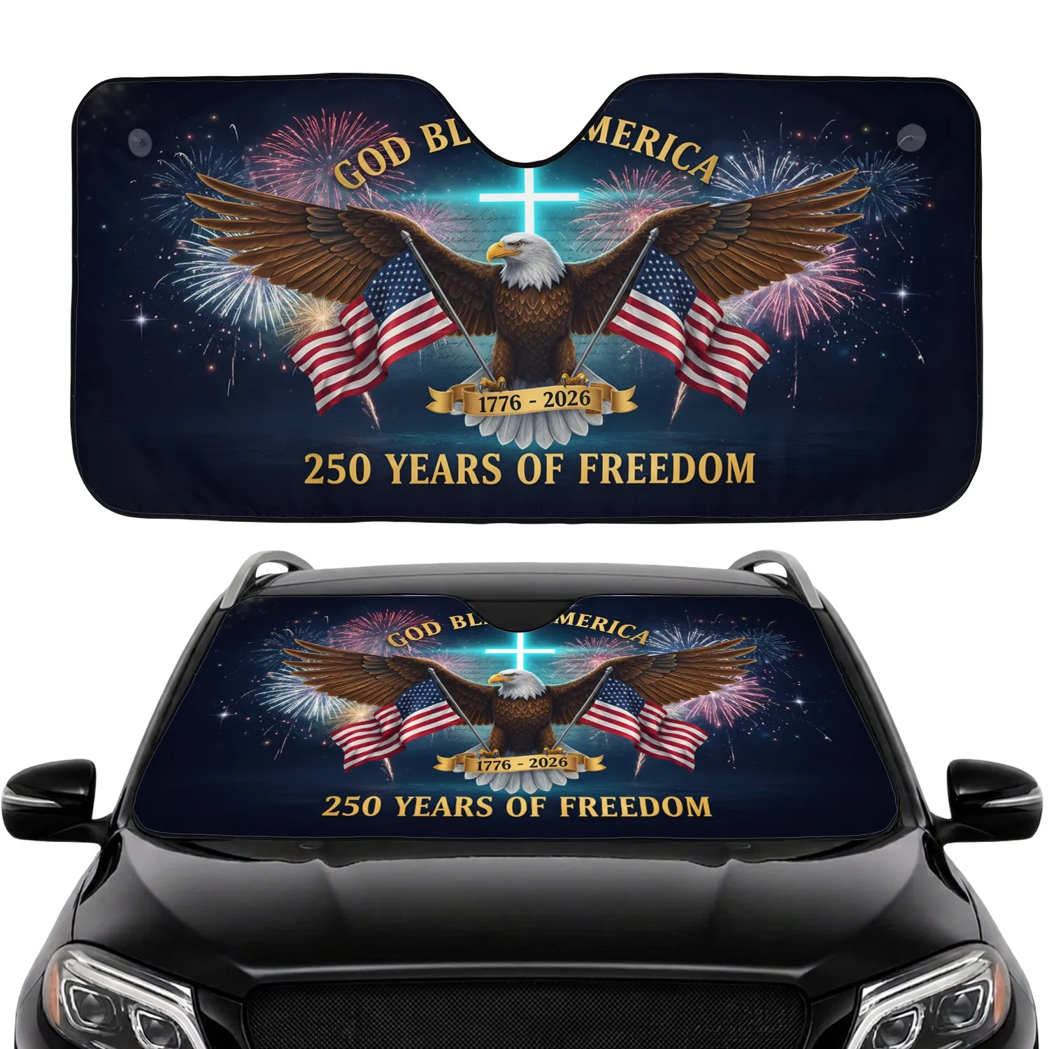 Bald Eagle American Flag Christian Cross 1776-2026 - USA 250th Anniversary Car Interior Car Sunshade - 1