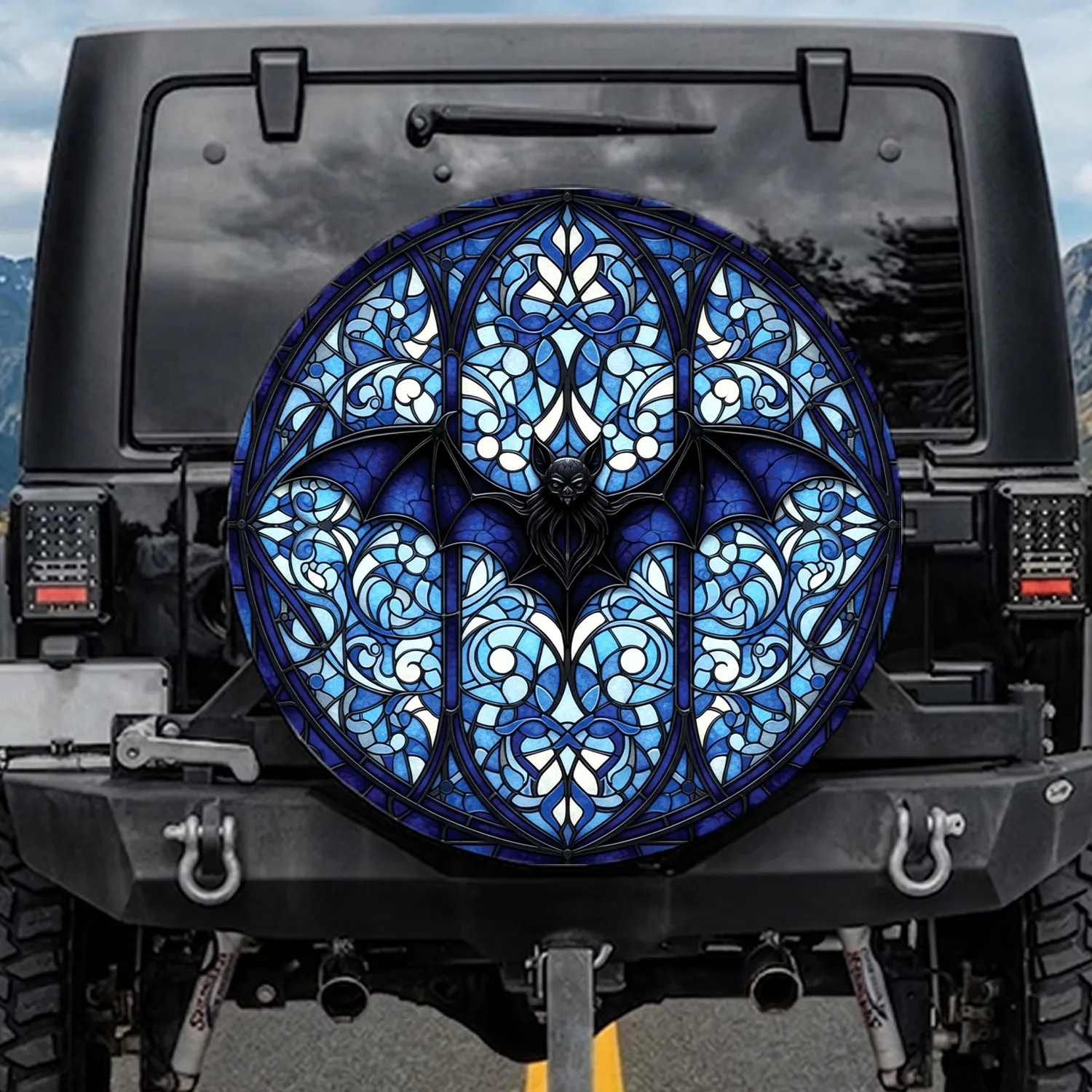 Bat Outstretched Wings Gothic Arch Stained Glass - Outdoor Adventure Gift Spare Tire Cover - 1