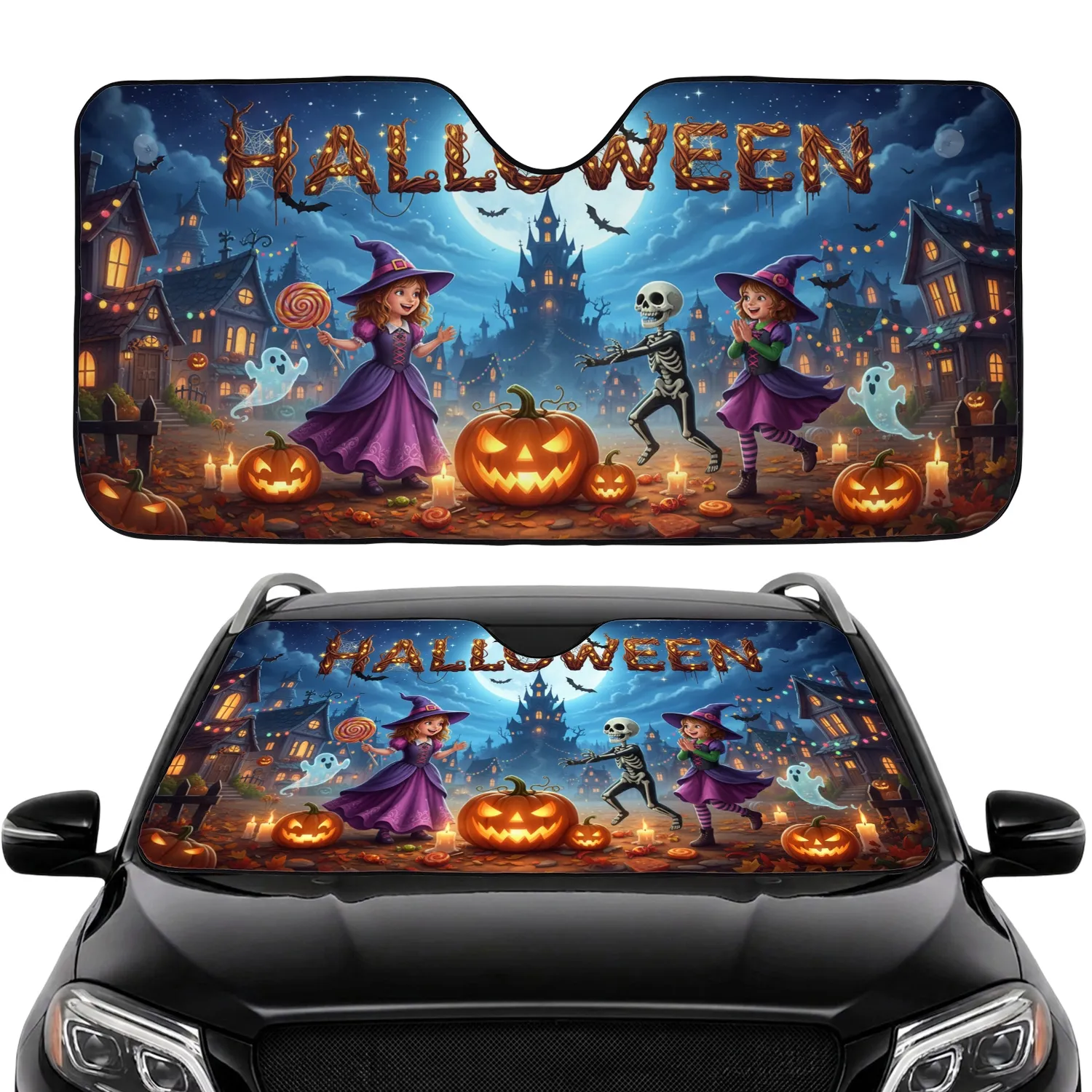Spooky Halloween Children Jack-o'-lantern Ghosts Moonlit Village Commute Accessory Car Sunshade - 1