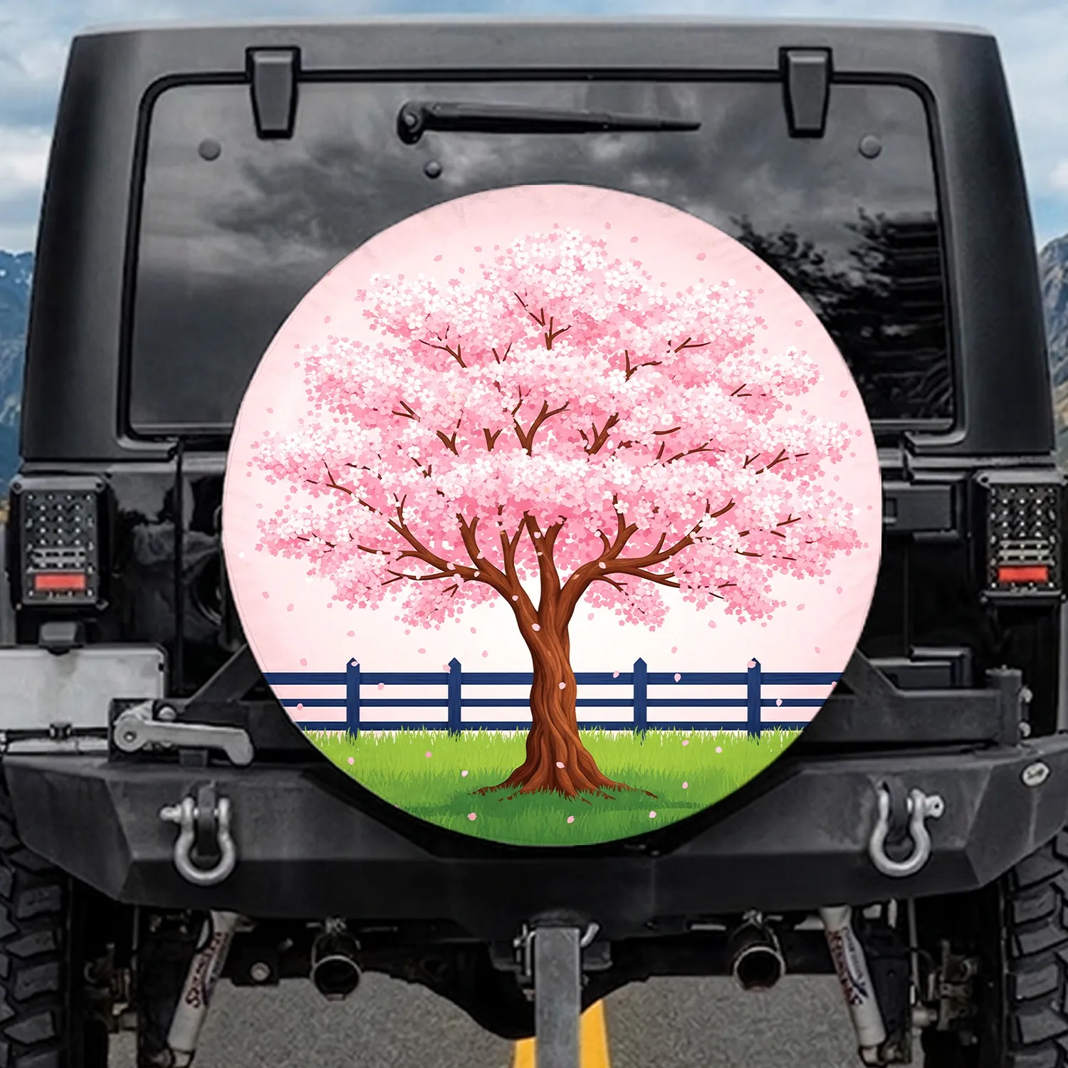 Pink Cherry Blossom Tree Garden Fence Lush Grass - Spring Home Decor Gift for Gardeners Spare Tire Cover - 1
