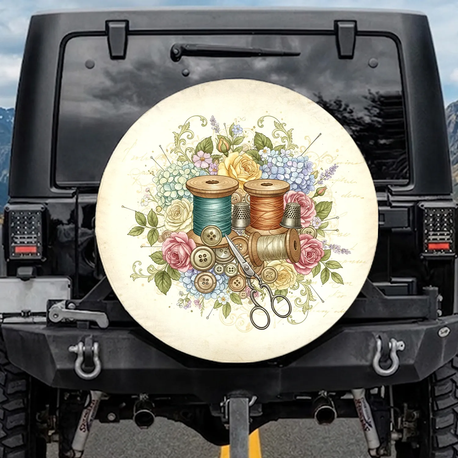 Vintage Sewing Notions Floral - Crafter Home Decor Gift Spare Tire Cover - 1