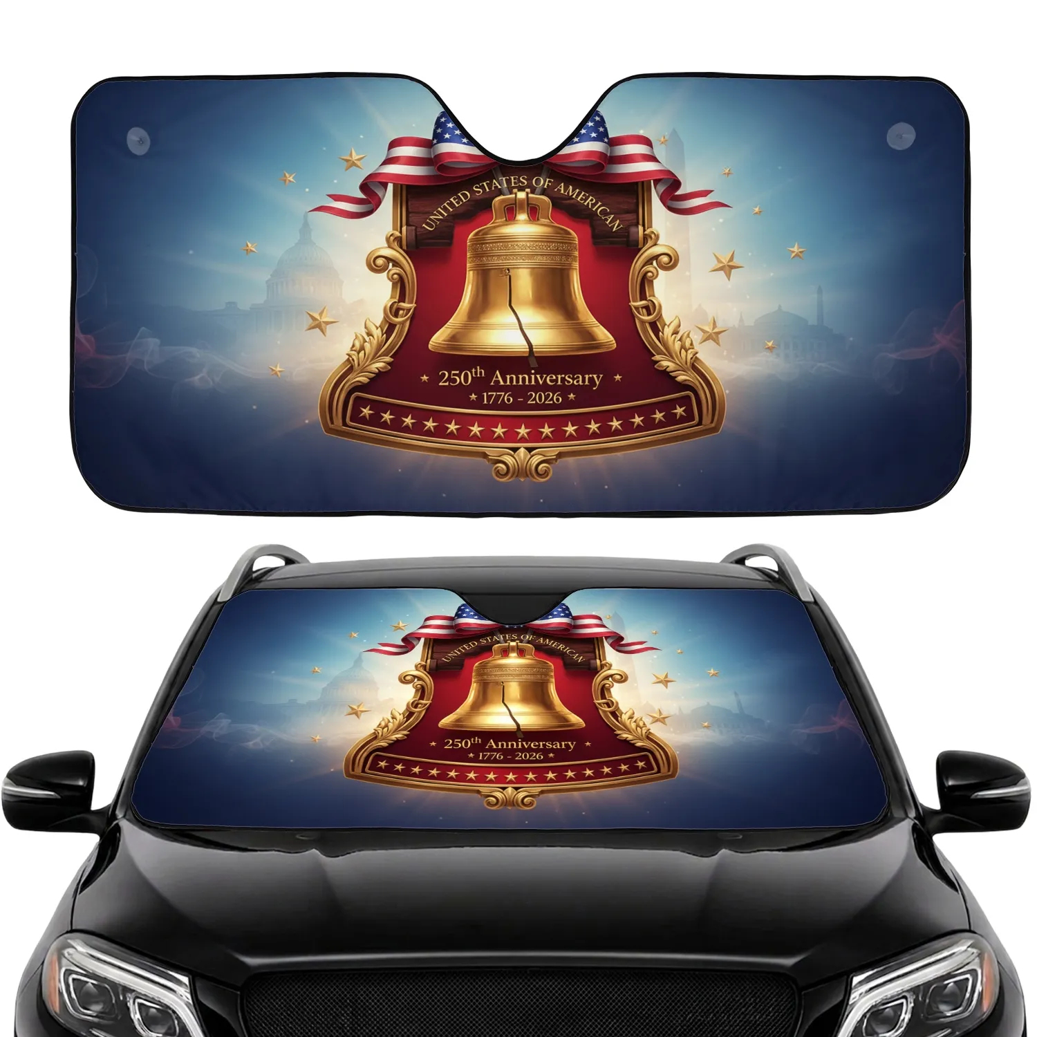 USA Liberty Bell American Flag 250th Anniversary Road Trip Gift Car Sunshade - 1