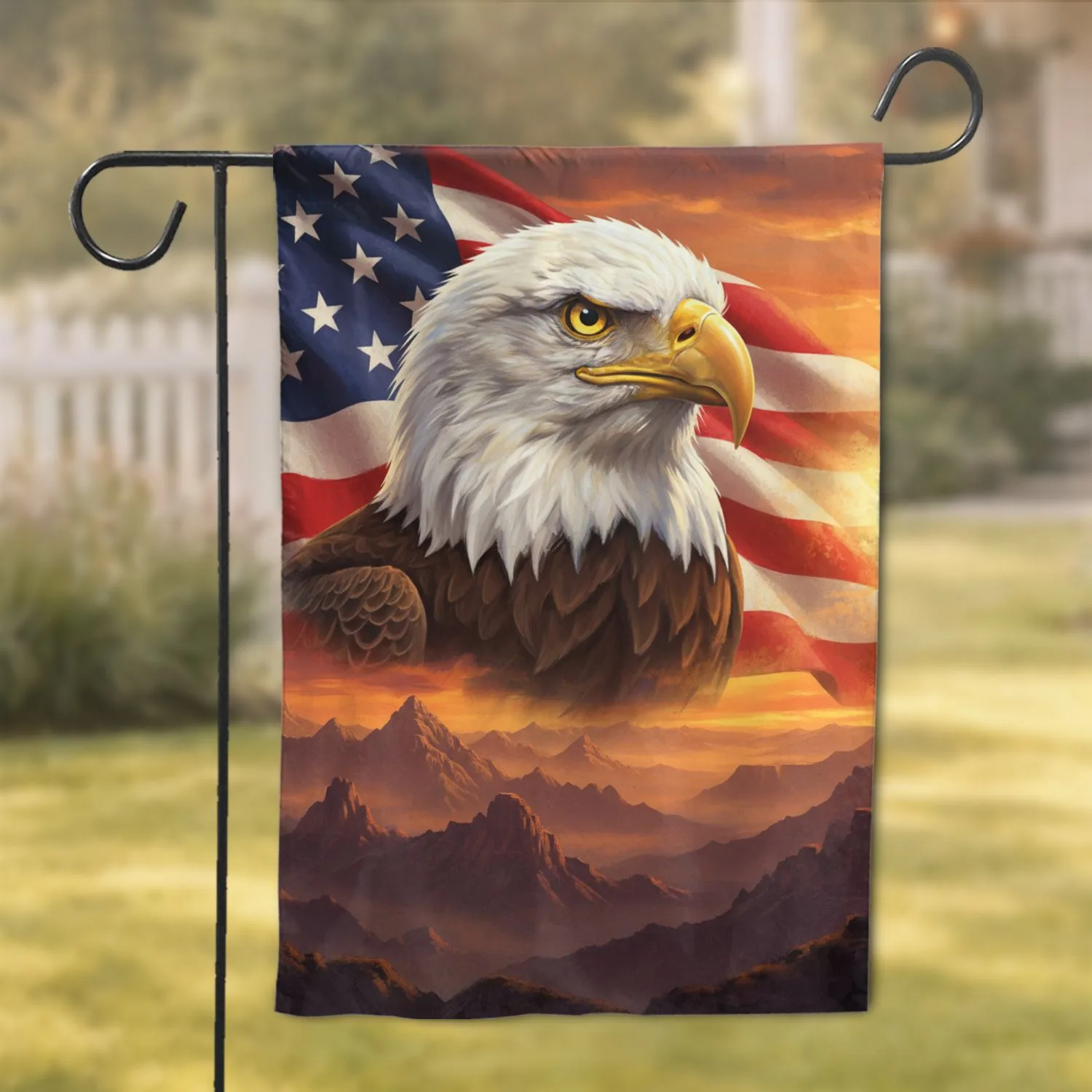 Bald Eagle American Flag Sunset Mountains - Patriotic Home Decor for Veterans Garden Flag - 1