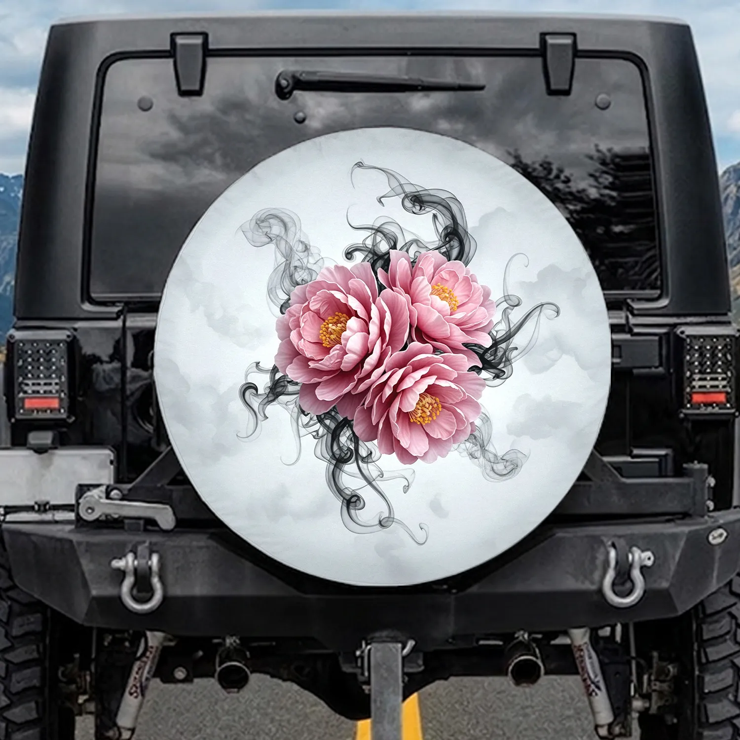 Pink Flowering Blooms Stamens Dark Smoke Wisps Silver Clouds - Home Decor Gift Spare Tire Cover - 1