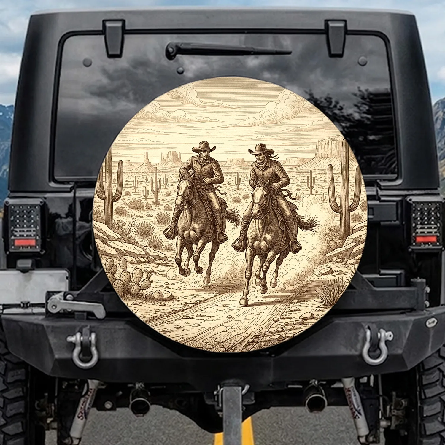Galloping Cowboys Horse Race Desert Cacti - Western Lifestyle Enthusiast Gift Spare Tire Cover - 1