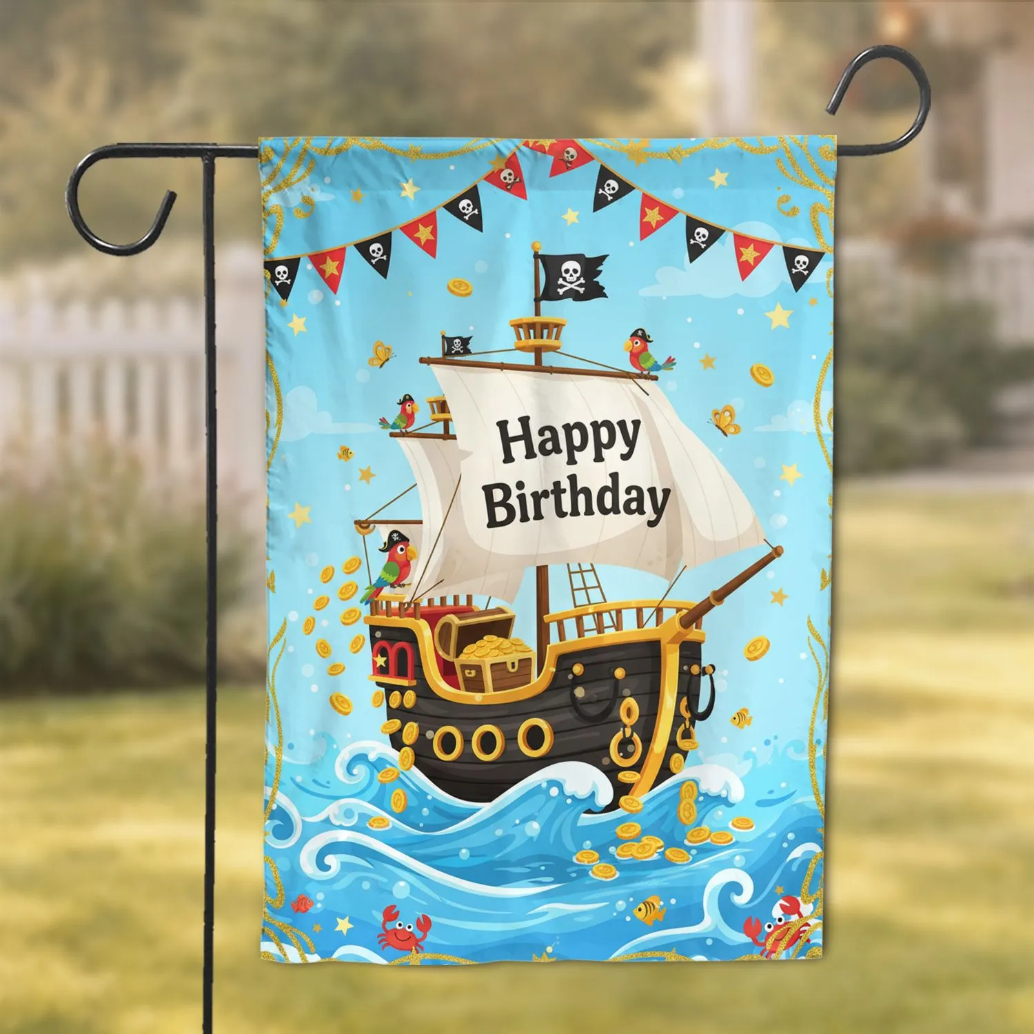 Cartoon Pirate Ship Happy Birthday - Celebration Gift Garden Flag - 1