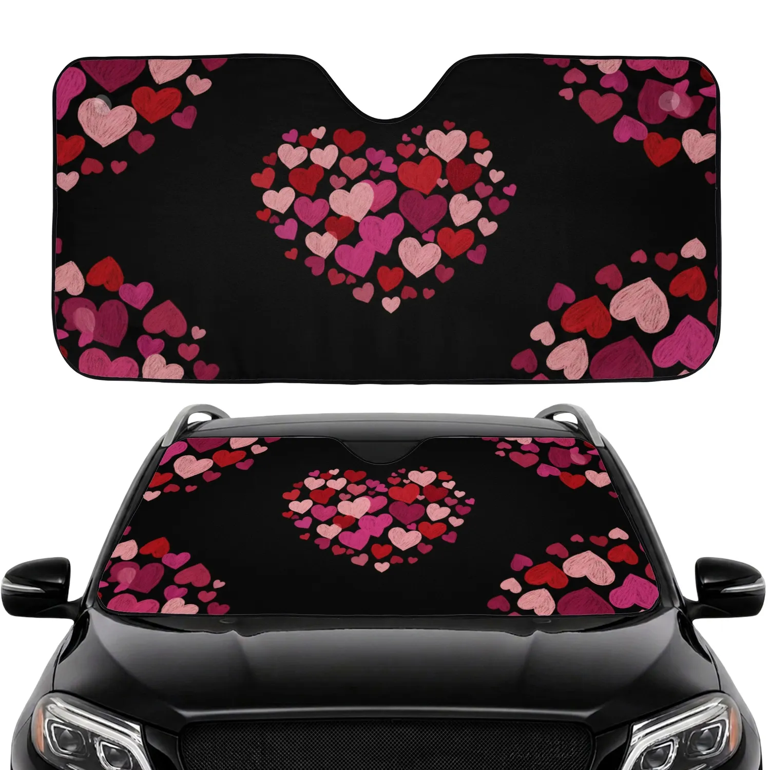 Textured Pink Fuchsia Crimson Hearts Black Canvas - Road Trip Gift Car Sunshade - 1