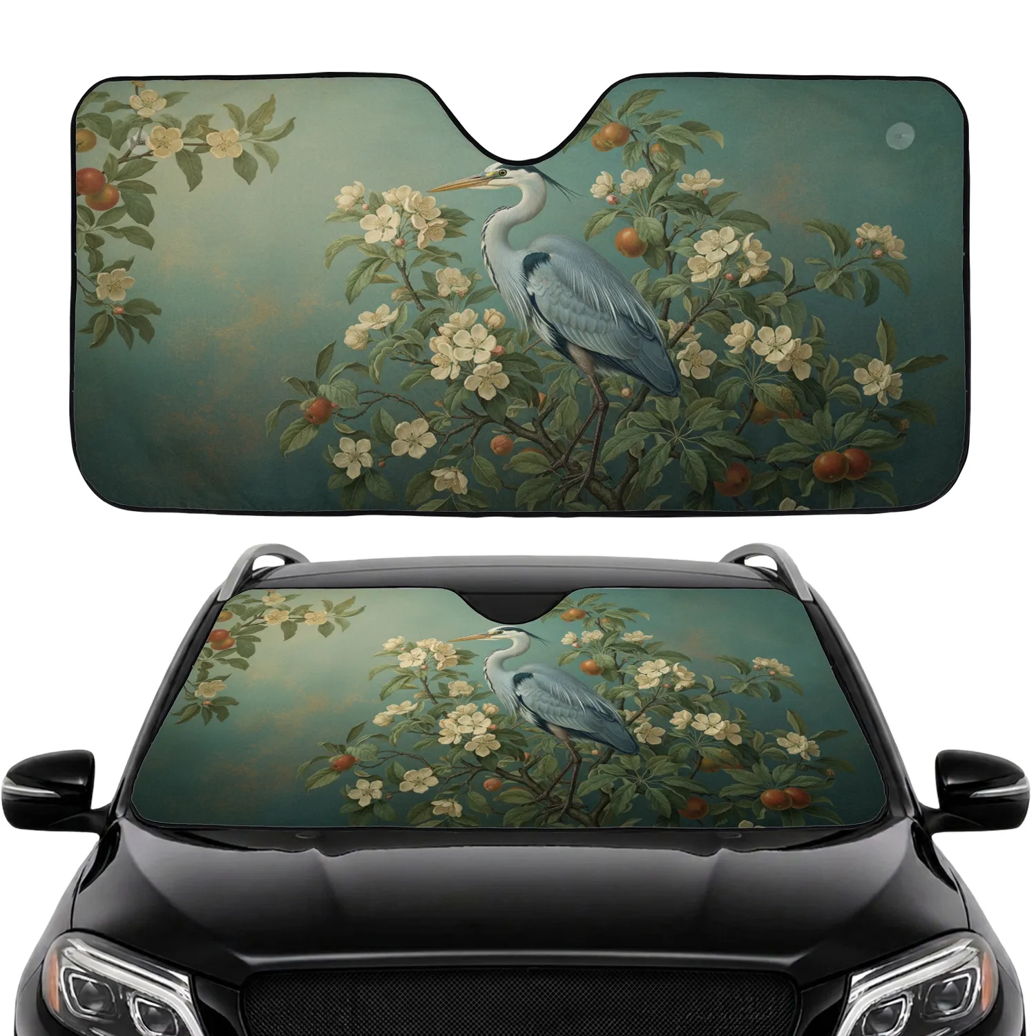 Heron Cream Blossoms Flowering Branches Red Fruit Leaves - Car Interior Upgrade Car Sunshade - 1