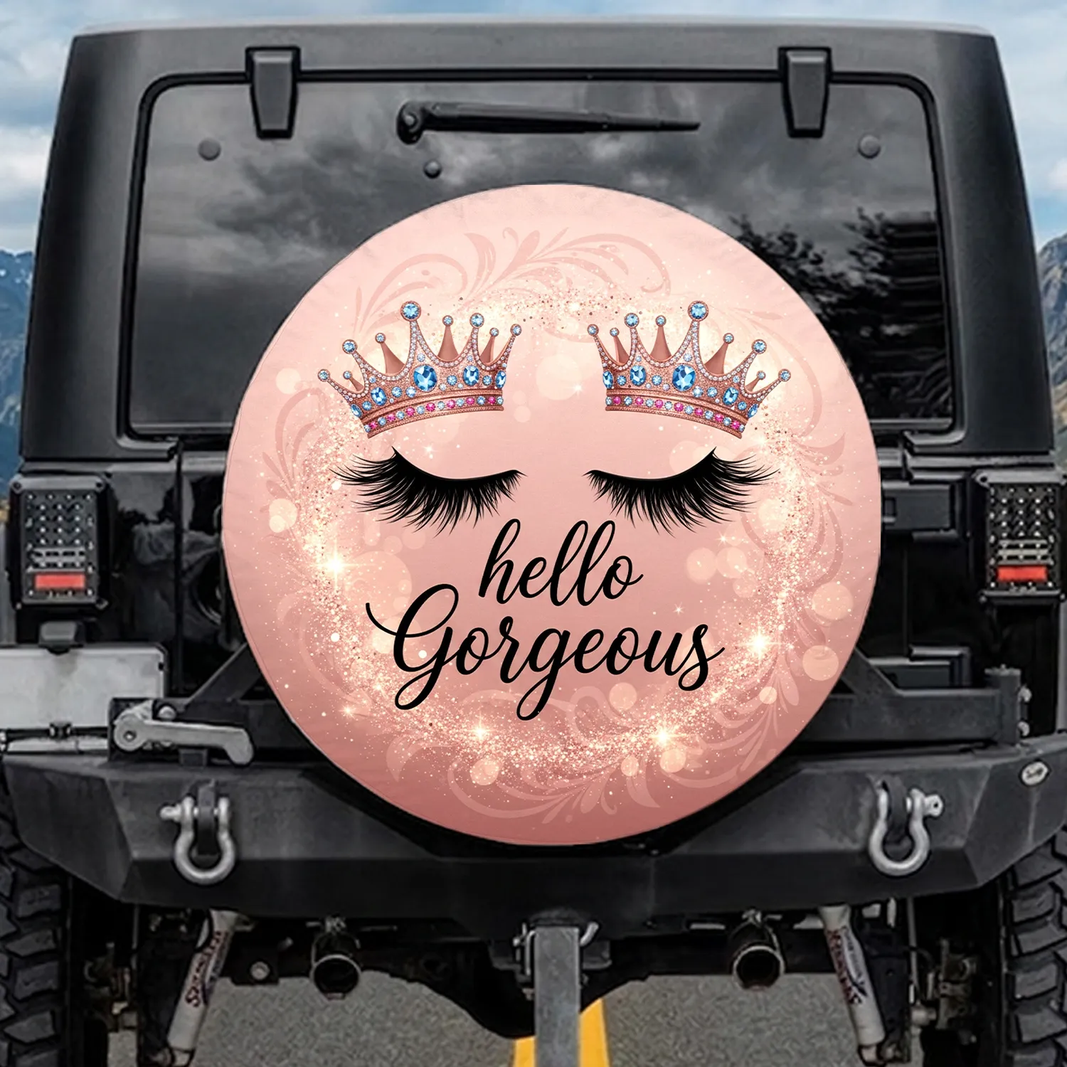 Crowned Eyelashes Hello Gorgeous Text - Glamor Lifestyle Gift Spare Tire Cover - 1