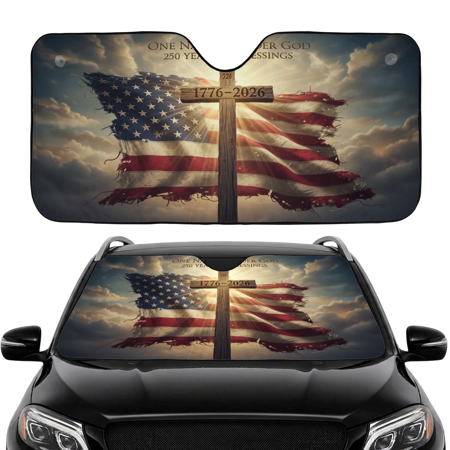 Weathered Cross American Flag One Nation Under God - USA 250th Anniversary Road Trip Gift for Veterans Car Sunshade - 1