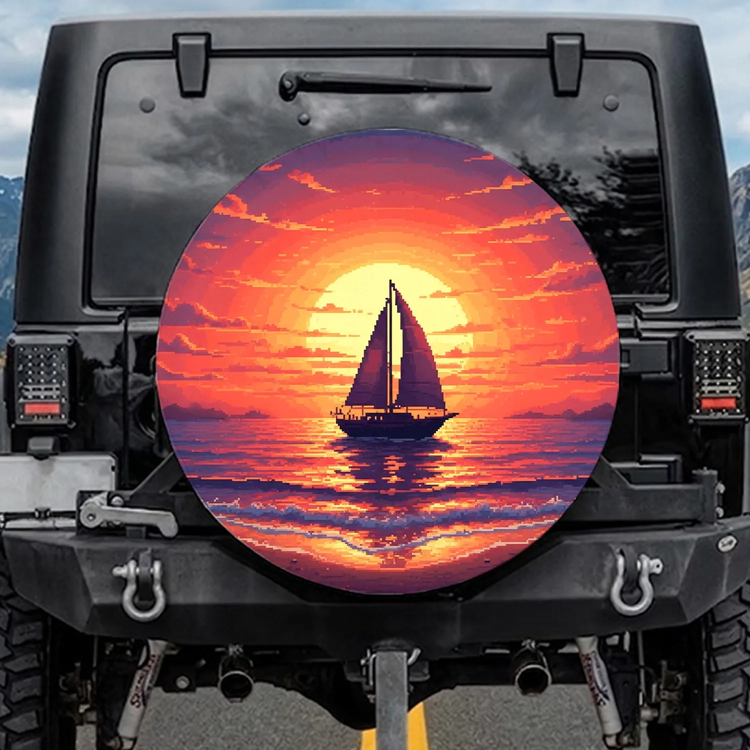 Pixel Sailboat Glowing Sunset Ocean Waves Shoreline - Ocean Lover Gift Spare Tire Cover - 1