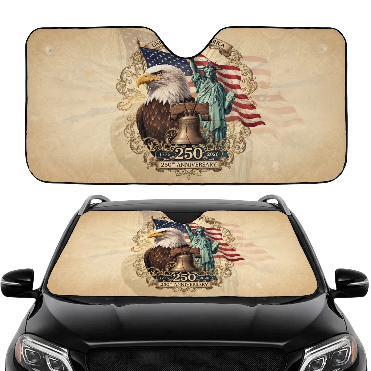 Bald Eagle American Flag Statue Liberty Bell 1776-2026 - USA 250th Anniversary Road Trip Gift Car Sunshade - 1