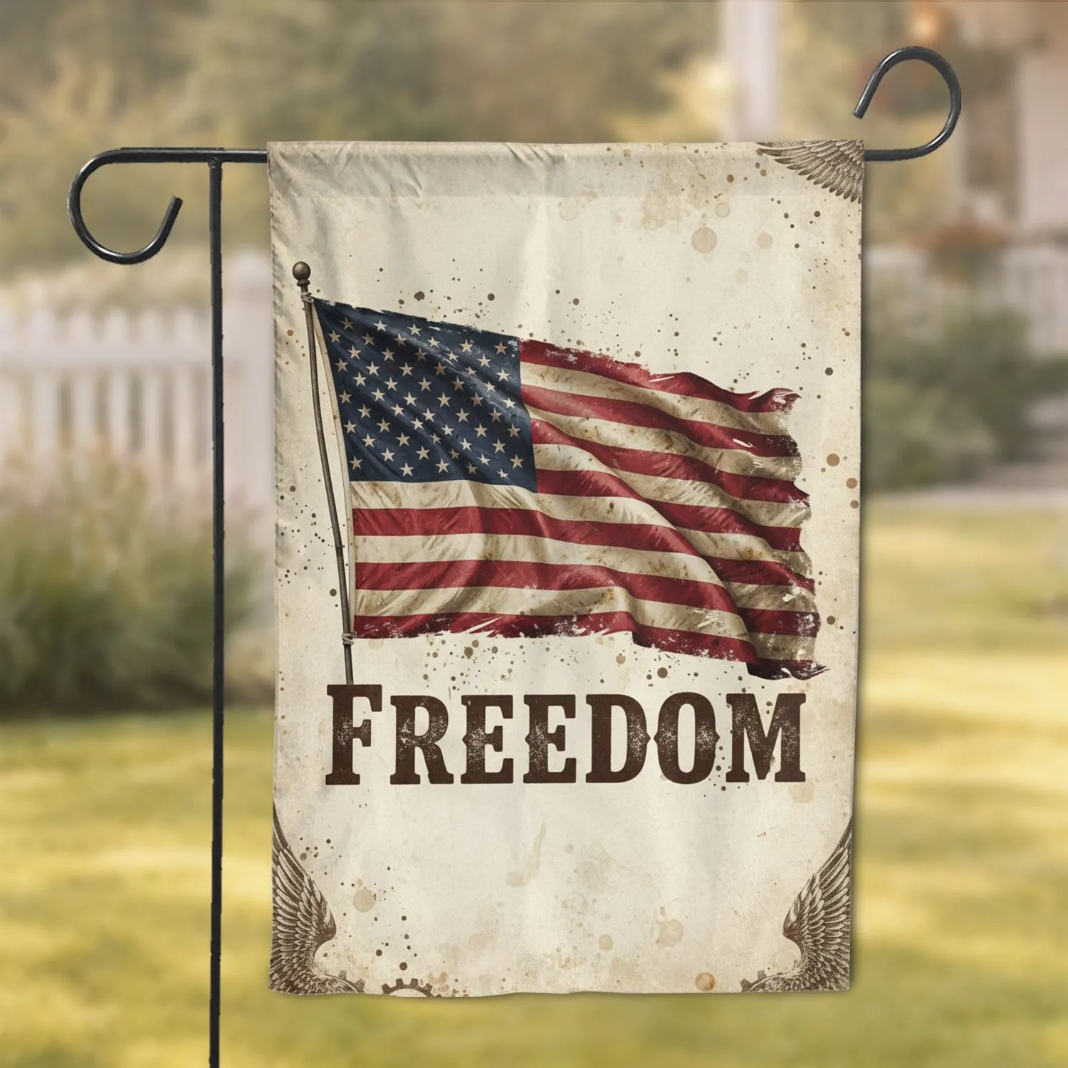 Distressed American Flag 'FREEDOM' Text - Independence Day Patriotic Home Decor Garden Flag - 1