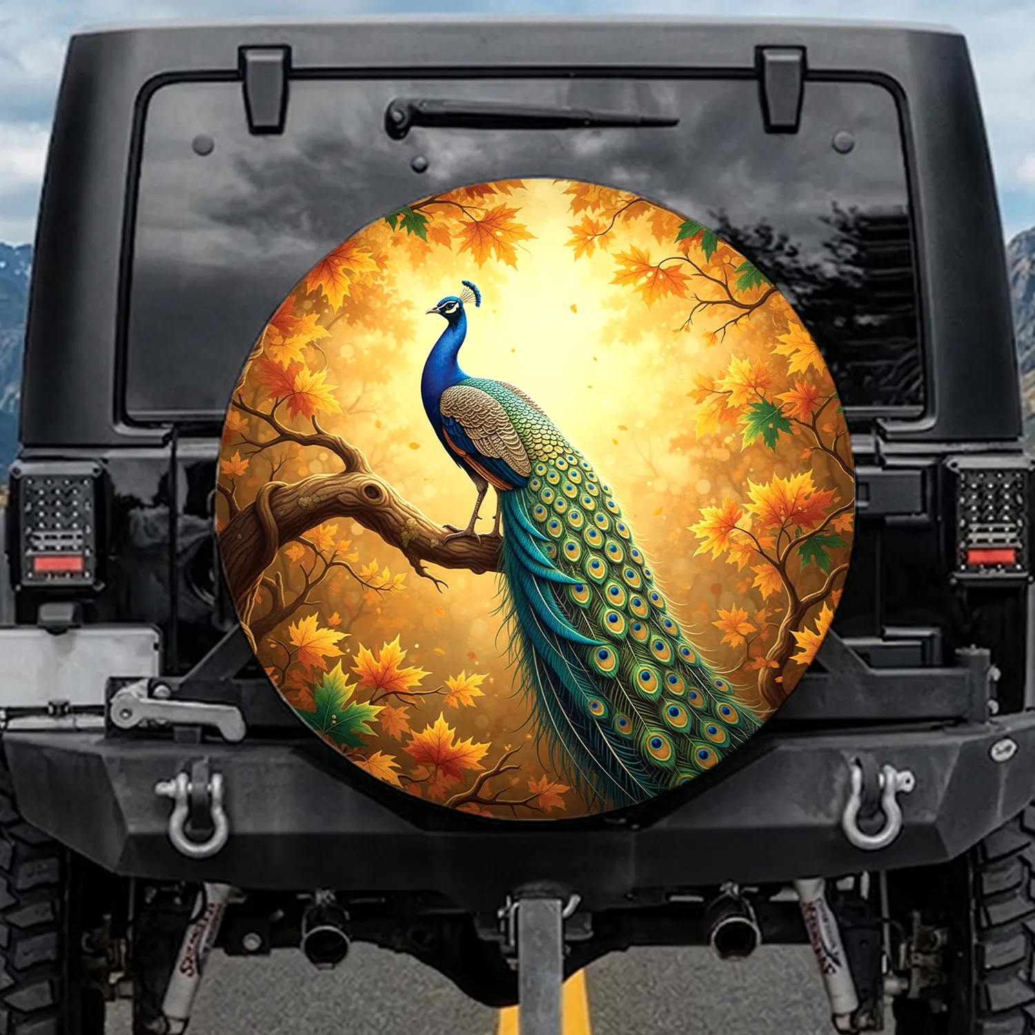 Majestic Indian Peafowl Tree Branch Autumn Foliage - Wildlife Lover Gift Spare Tire Cover - 1