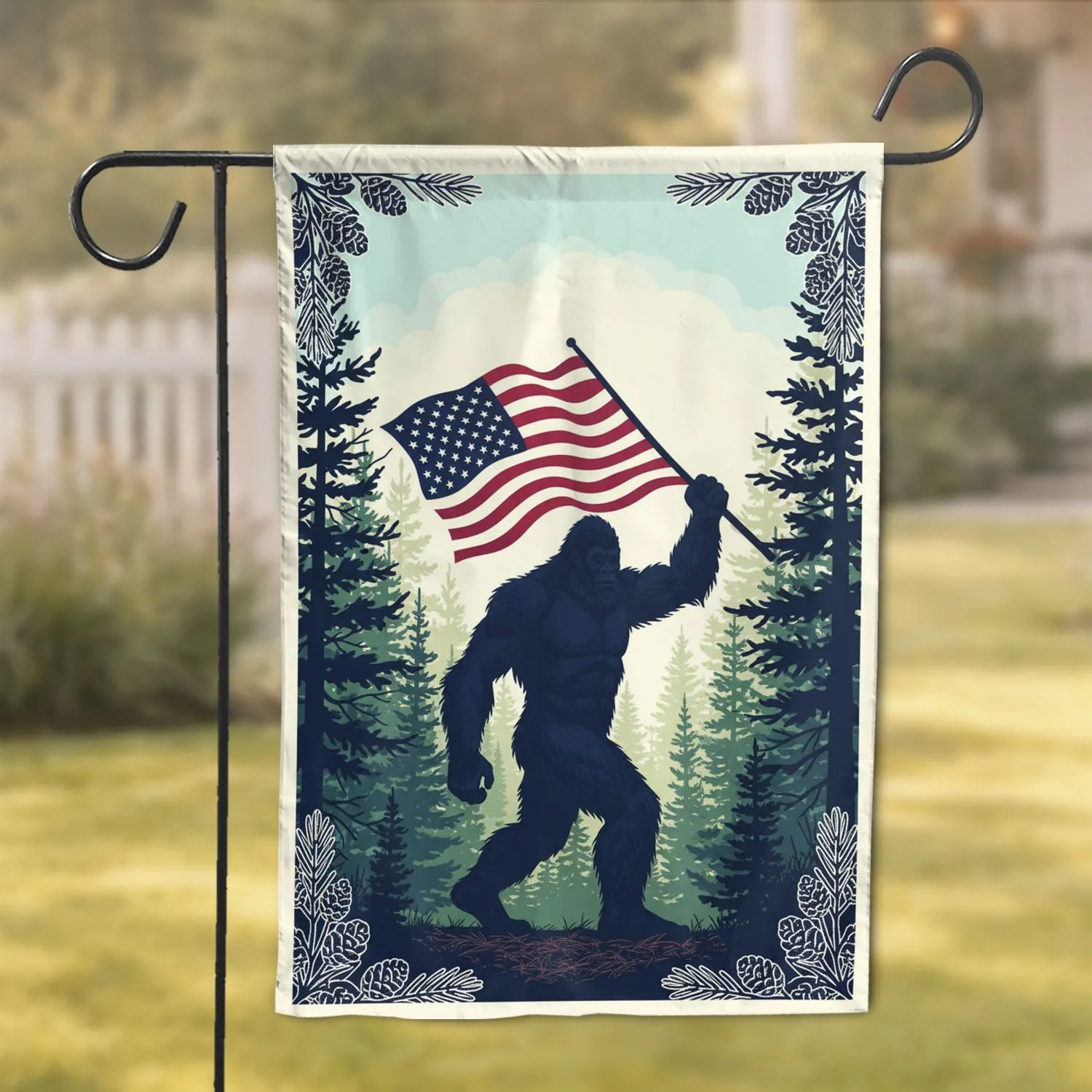 Bigfoot American Flag Pine Forest - Independence Day Patriotic Home Display Garden Flag - 1