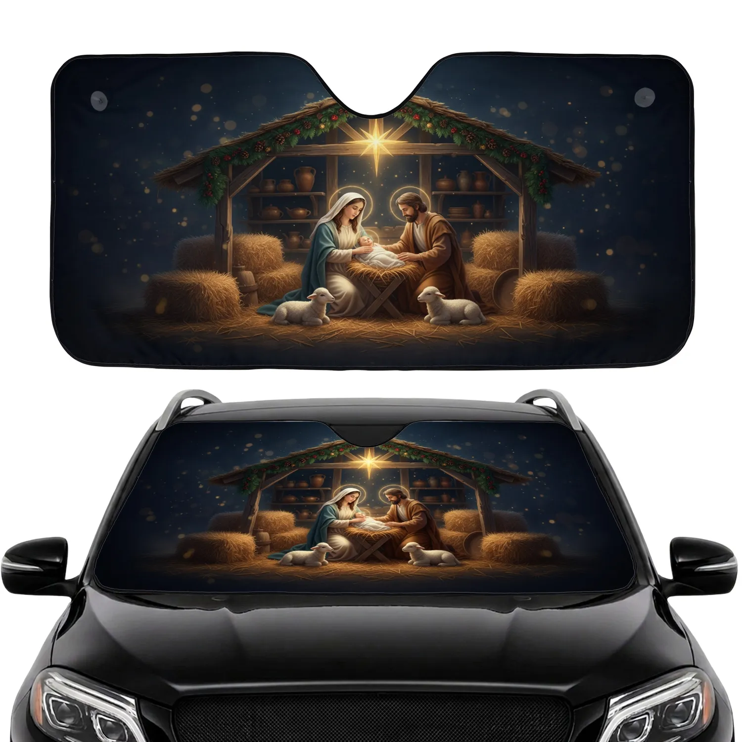 Nativity Scene Mary Joseph Baby Jesus Manger - Christmas Road Trip Gift Car Sunshade - 1