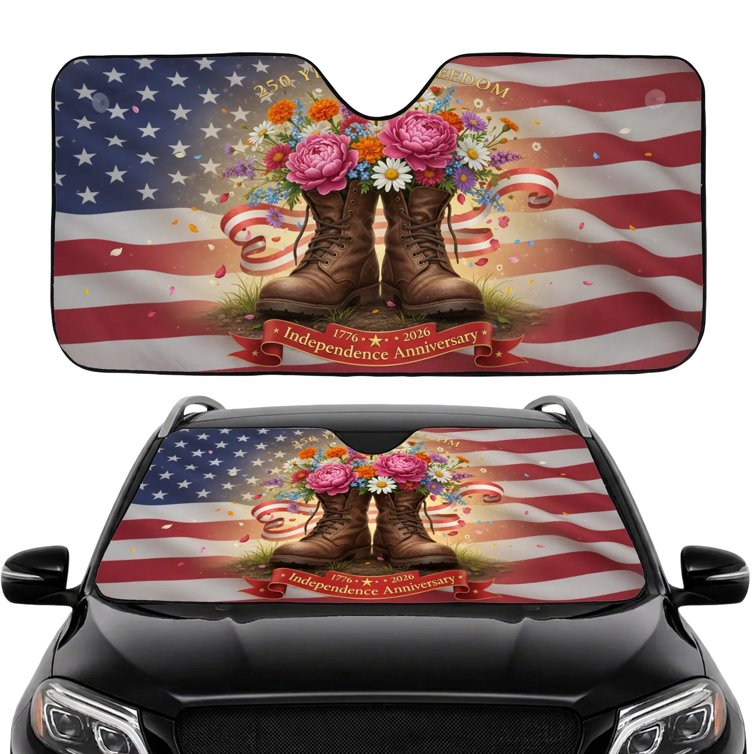 Patriotic Military Boots Floral Flag - 250 Years Freedom Independence Anniversary Car Sunshade - 1