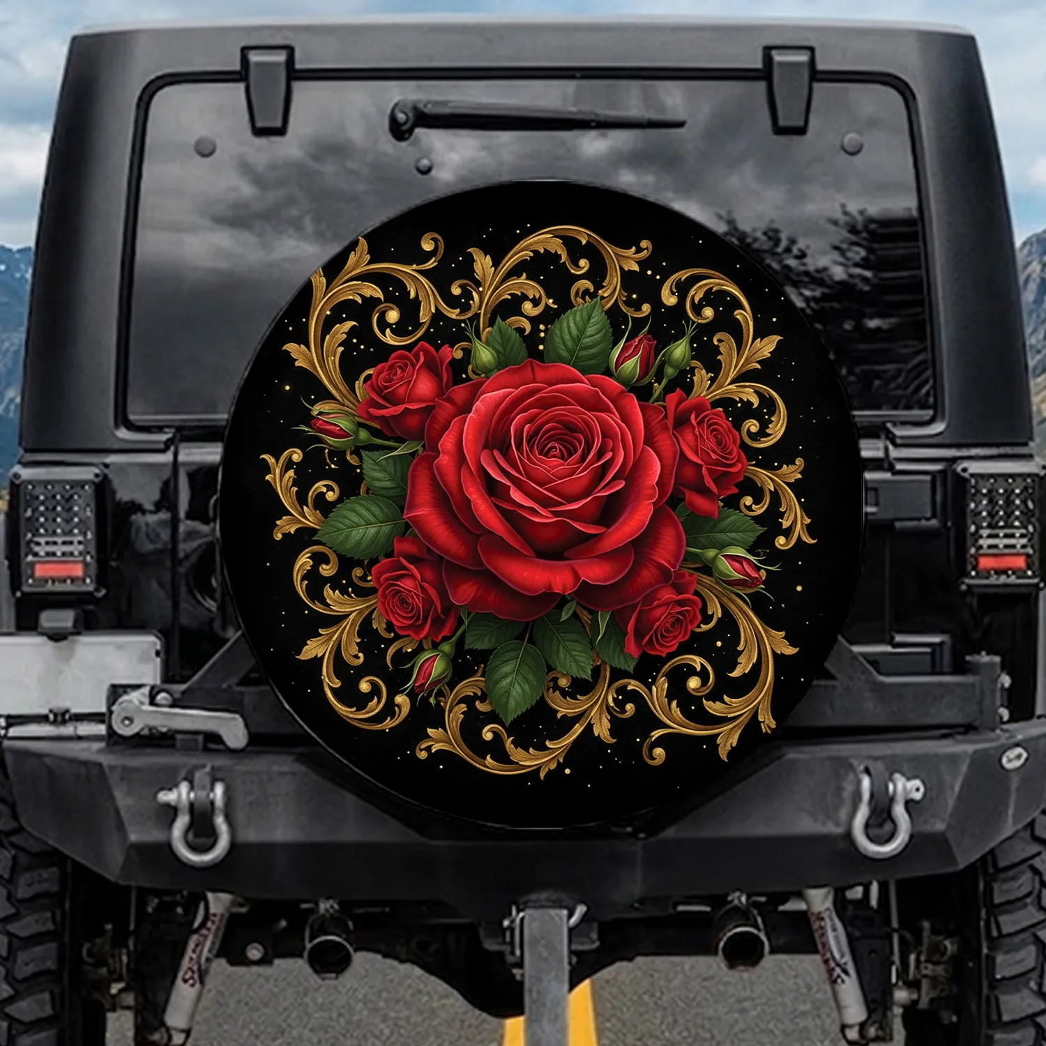 Red Rose Golden Baroque Filigree Scrollwork - Premium Floral Home Decor Gift Spare Tire Cover - 1