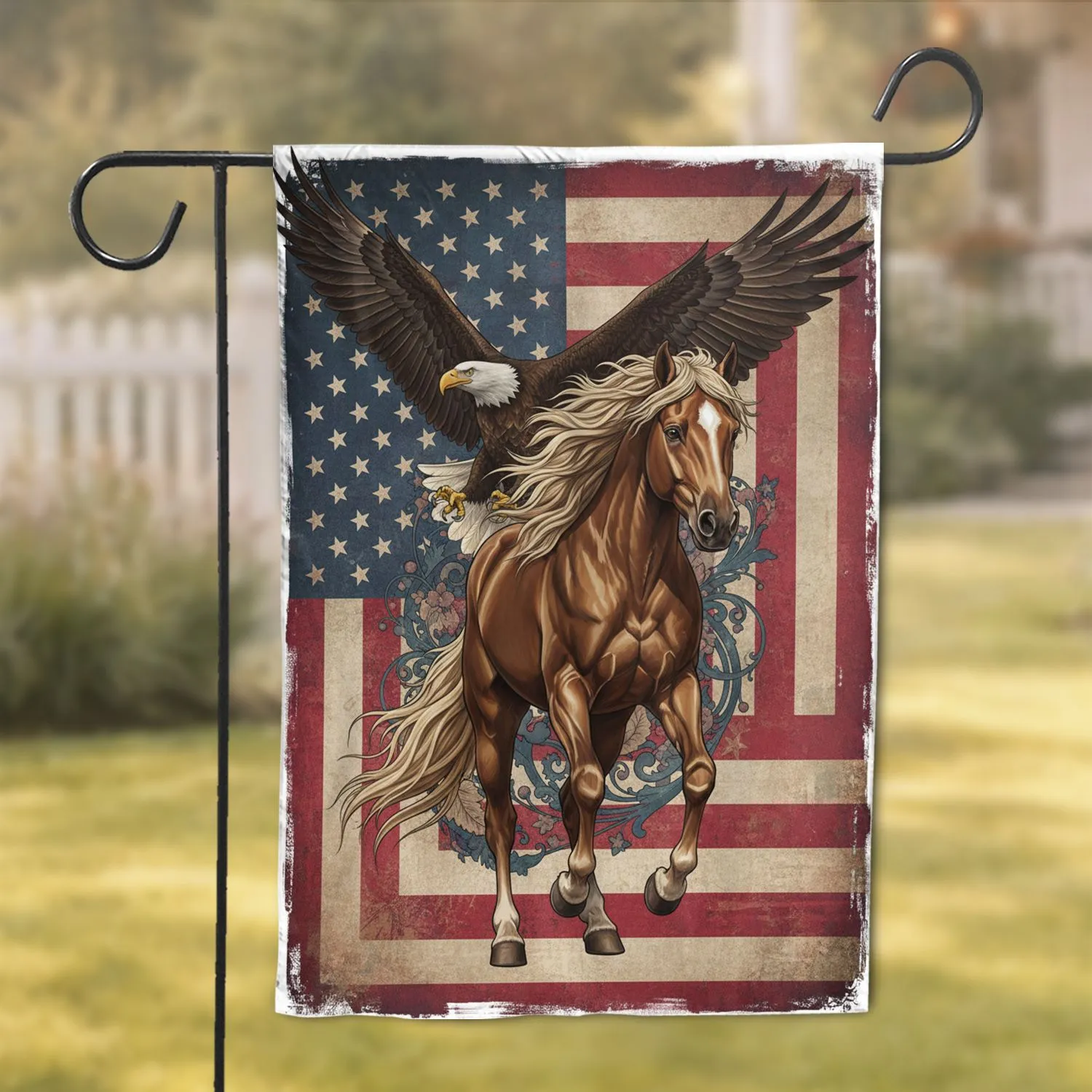 Horse Bald Eagle American Flag Patriotic Home Decor Gift Garden Flag - 1