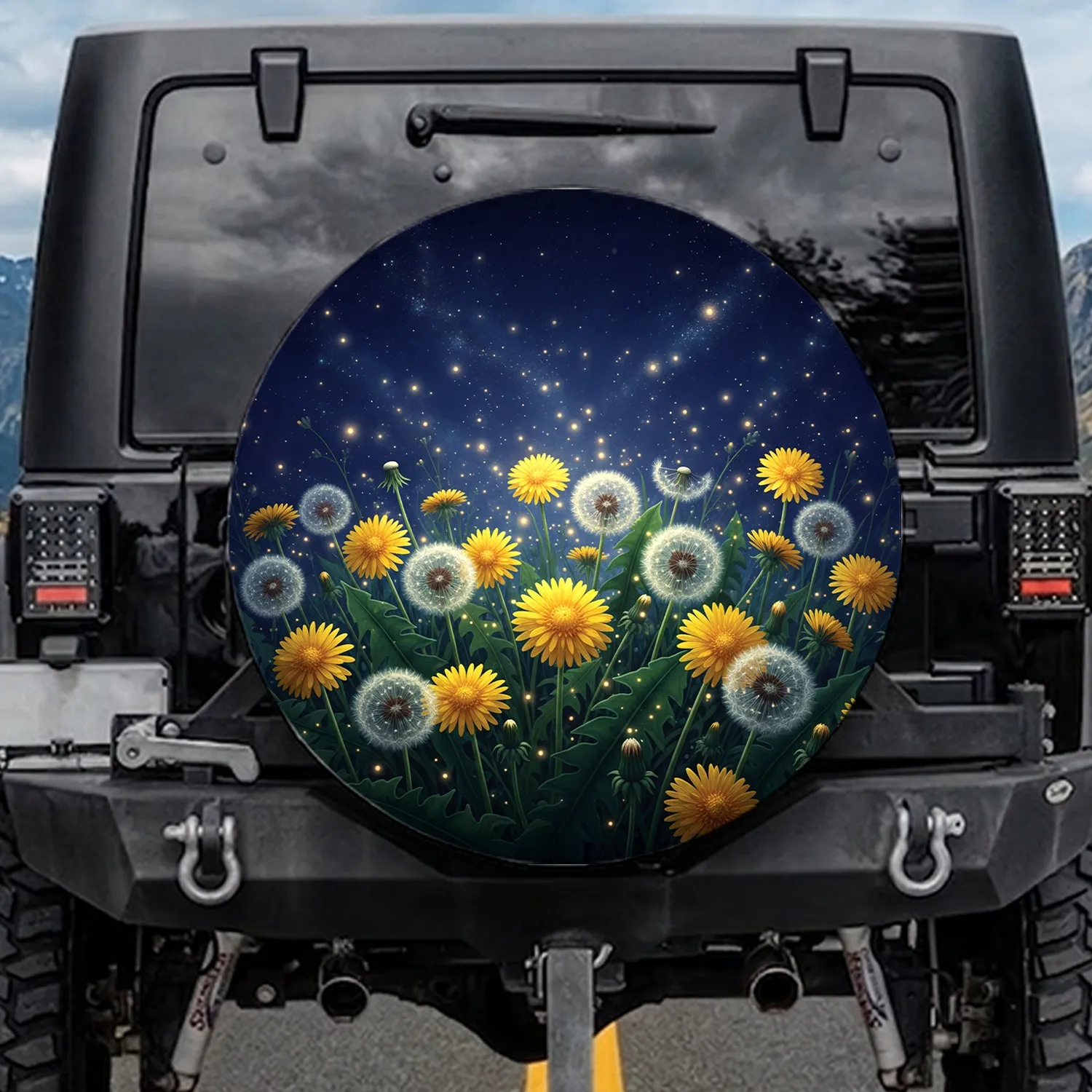 Dandelion Blossoms Seed Heads Firefly Glow Midnight Sky - Nature Lover Gift Spare Tire Cover - 1