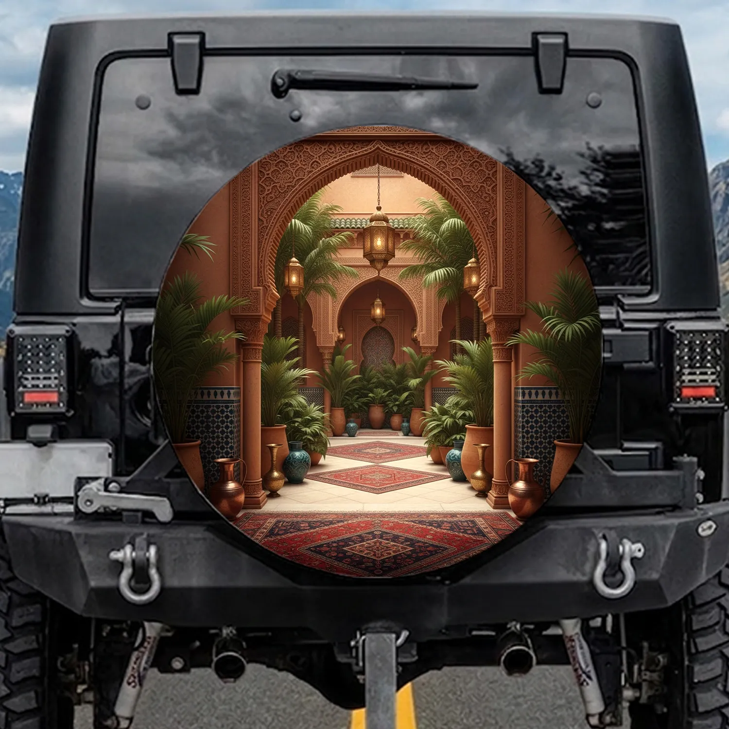 Ornate Moroccan Archway Riad Courtyard Lush Plants - Exotic Home Decor Gift Spare Tire Cover - 1