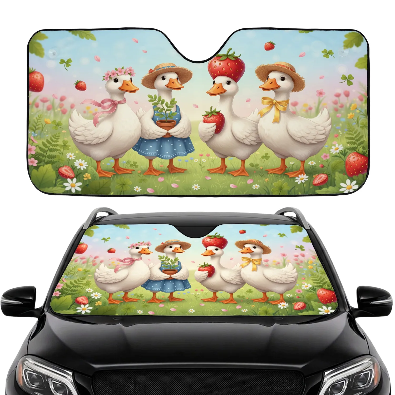 Cartoon Geese with Pink Flowers Straw Hats Strawberries - Car Interior Upgrade Car Sunshade - 1