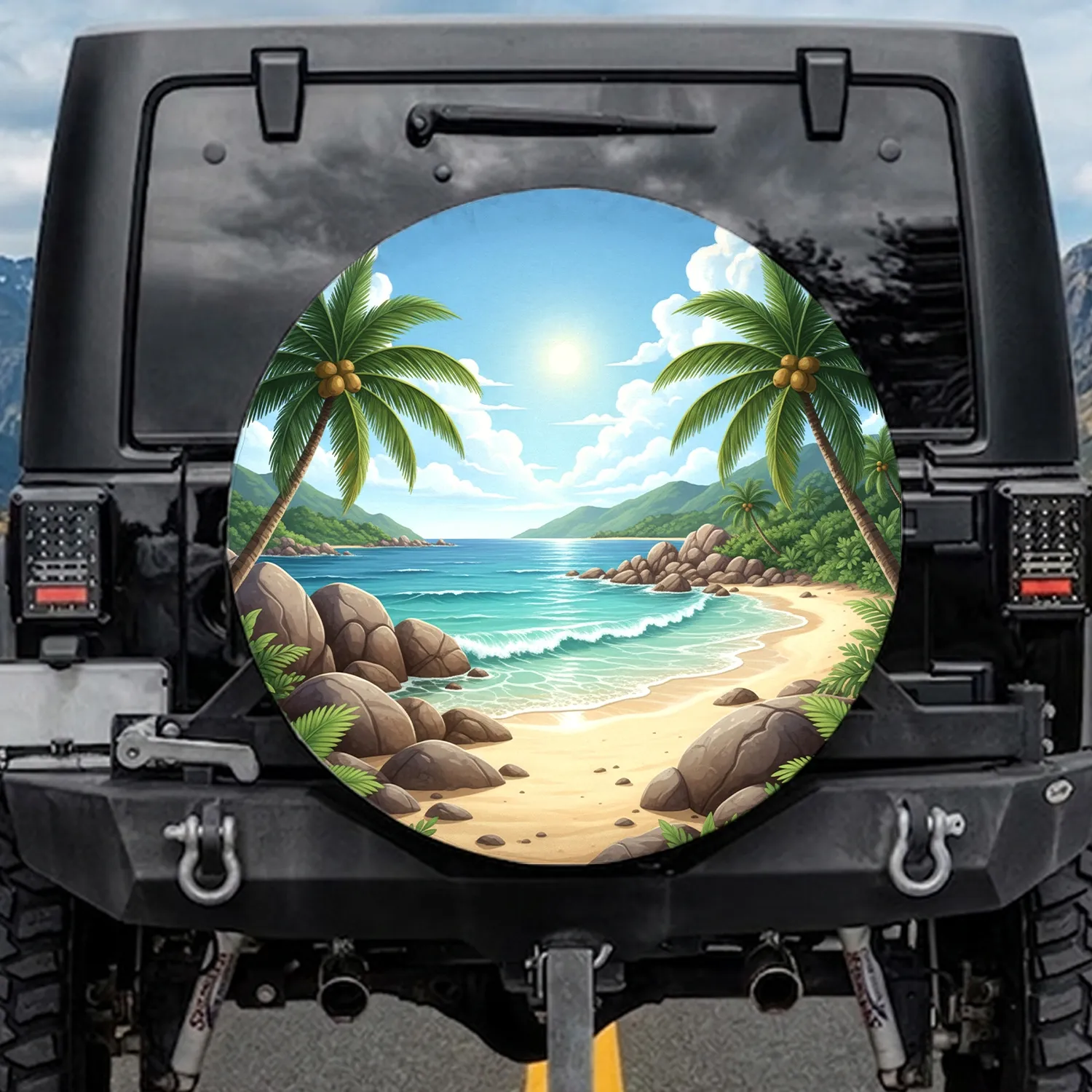 Tropical Beach Ocean Waves Palm Trees - Road Trip Essentials Traveler Gift Spare Tire Cover - 1