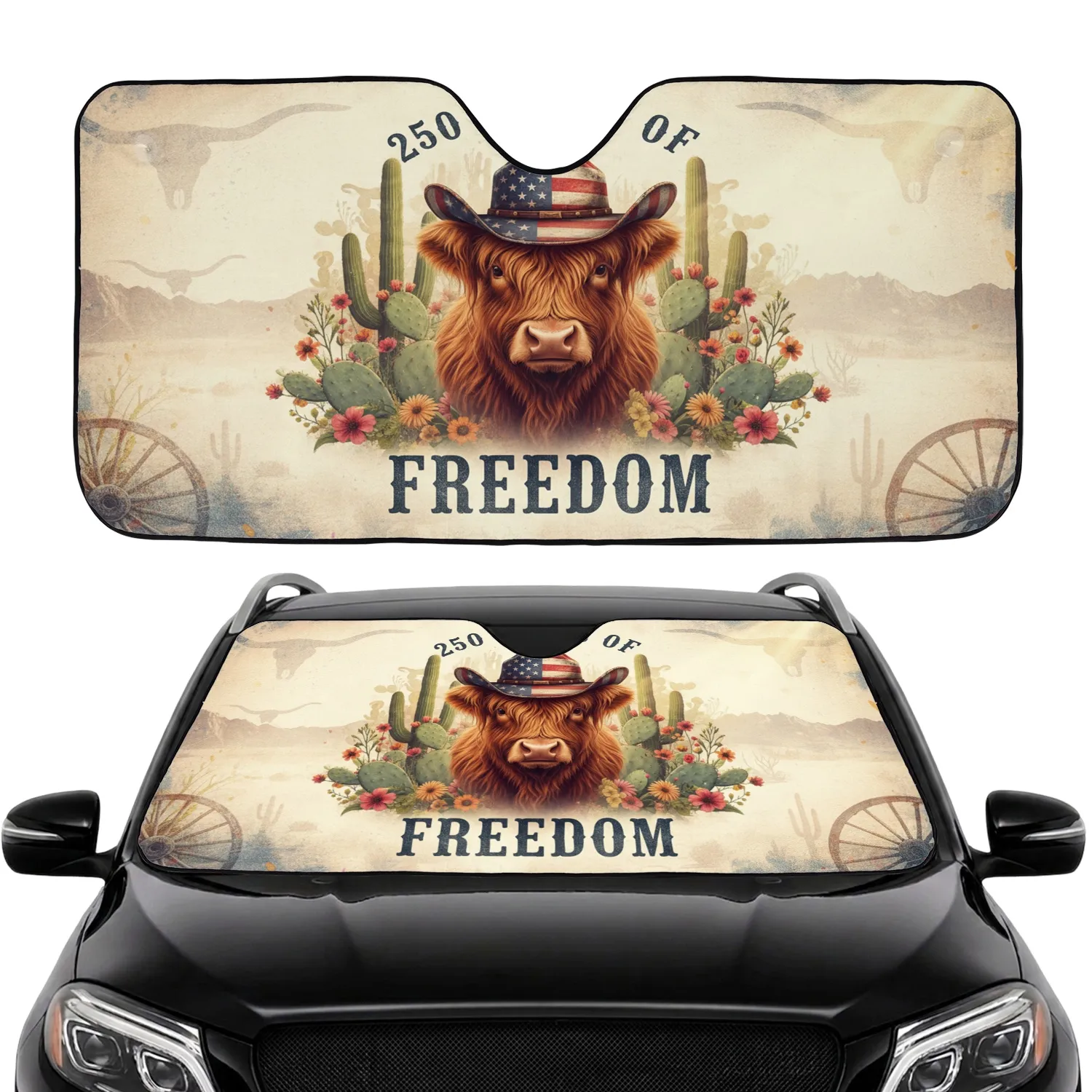 Highland Cow Cowboy Hat American Flag 250 Years of Freedom Road Trip Accessory Car Sunshade - 1