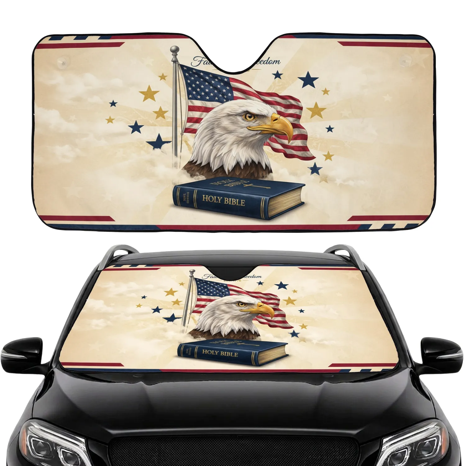 Bald Eagle American Flag Holy Bible Faith and Freedom Car Interior Upgrade for Proud Americans Car Sunshade - 1