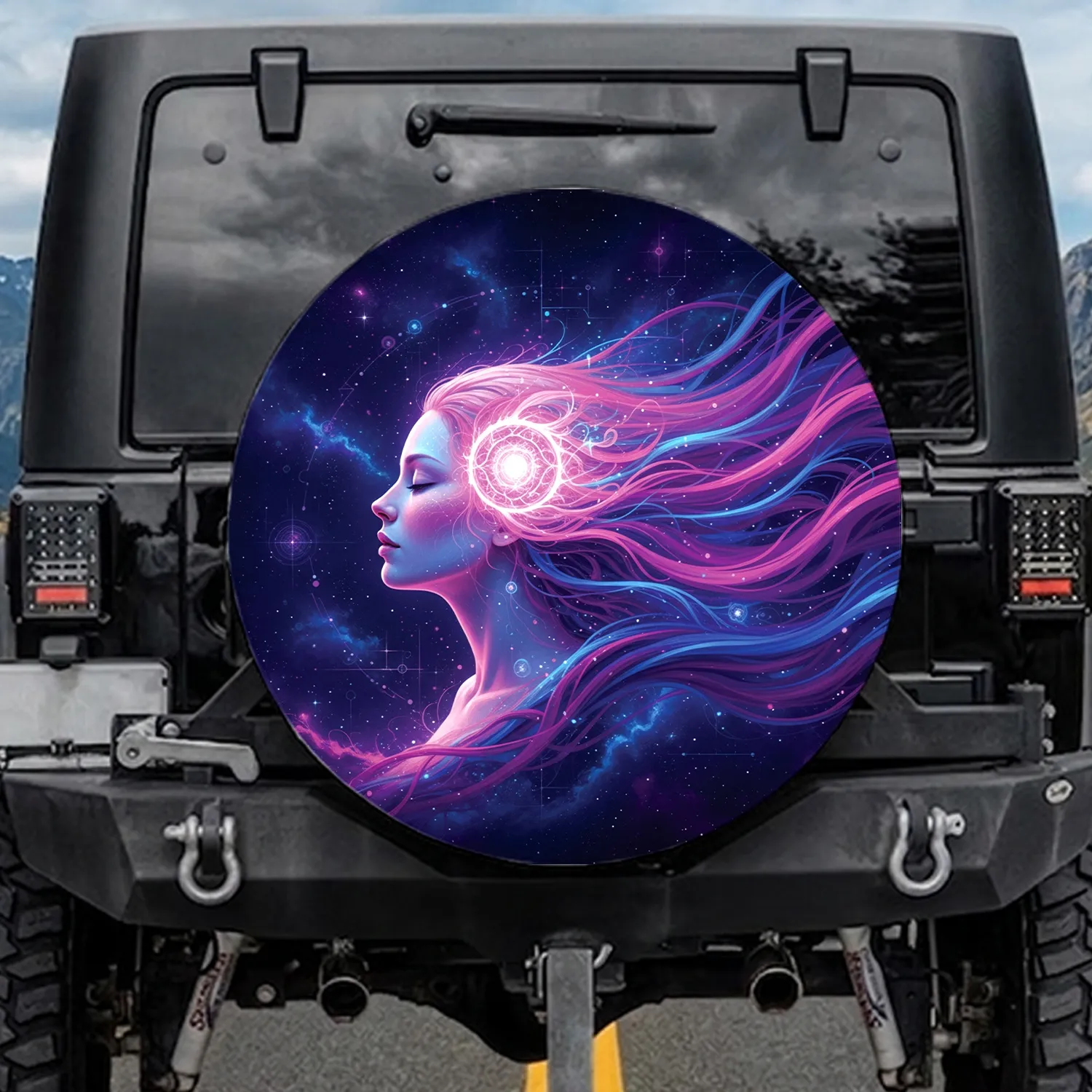 Woman White Pink Orb Pink Purple Hair Ribbons Indigo Cosmic Stars - Home Decor Gift Spare Tire Cover - 1