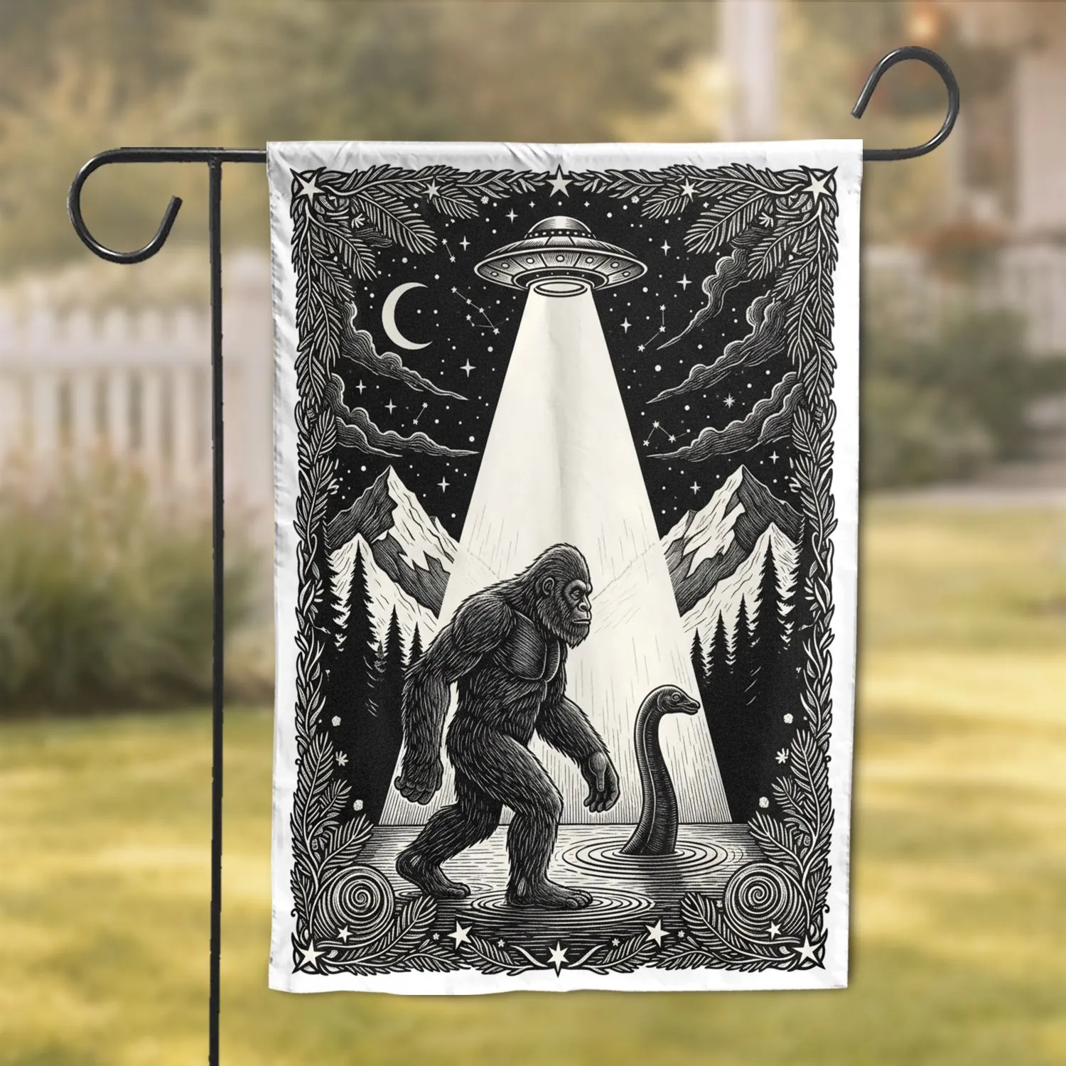 Bigfoot UFO Loch Ness Monster Night Scene - Mystery Lover Home Decor Gift Garden Flag - 1