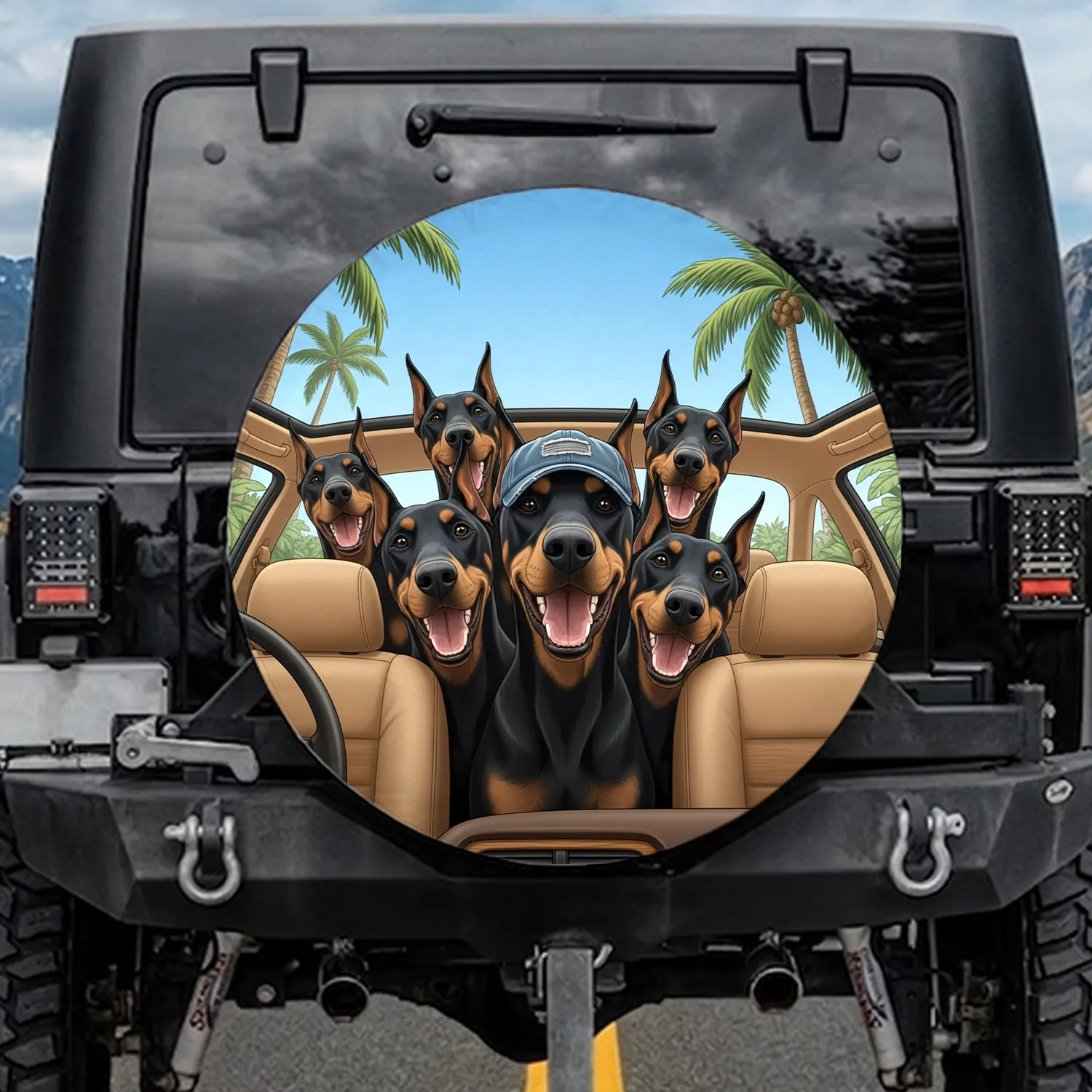 Happy Doberman Dogs Vehicle Road Trip Tropical - Dog Lover Travel Gift Spare Tire Cover - 1