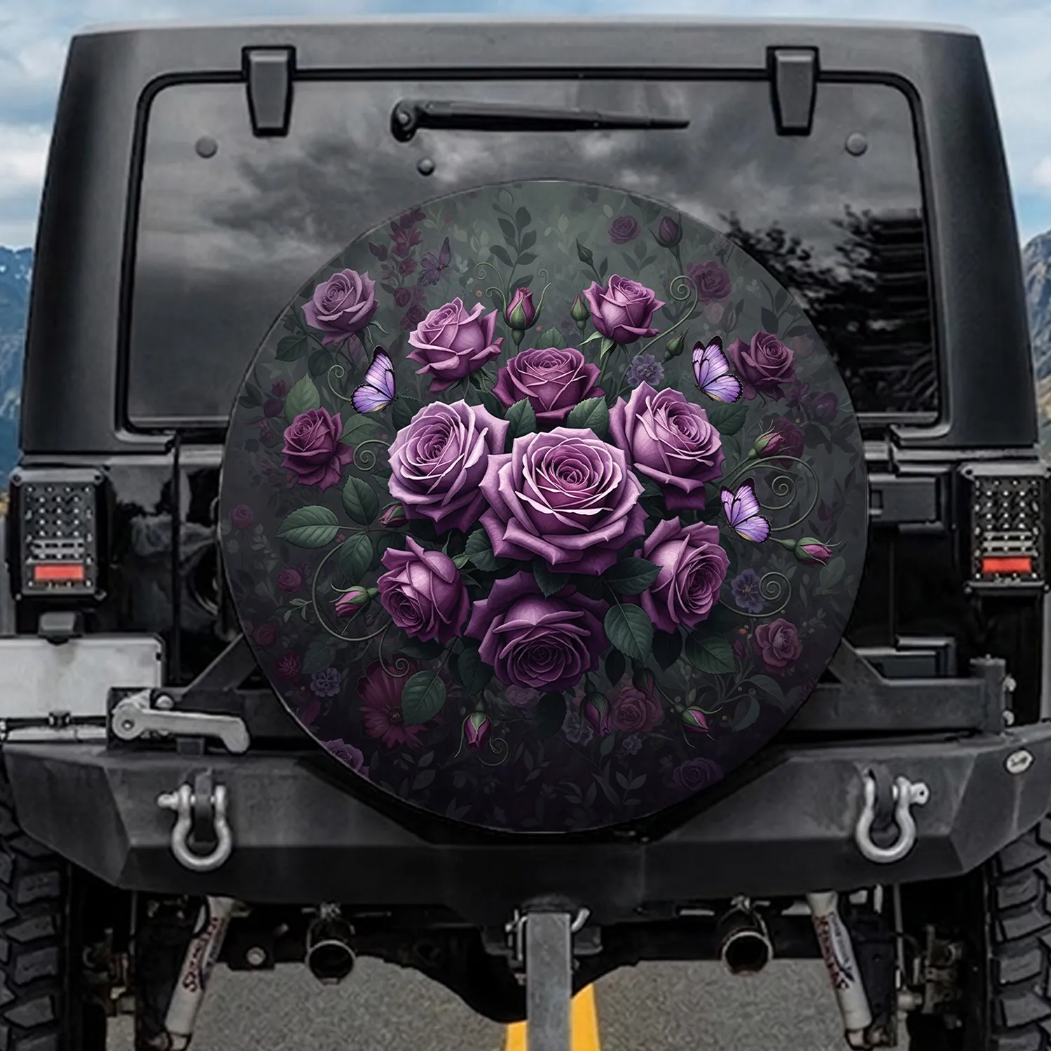 Vibrant Purple Roses Butterflies - Home Decor Gift for Nature Lovers Spare Tire Cover - 1